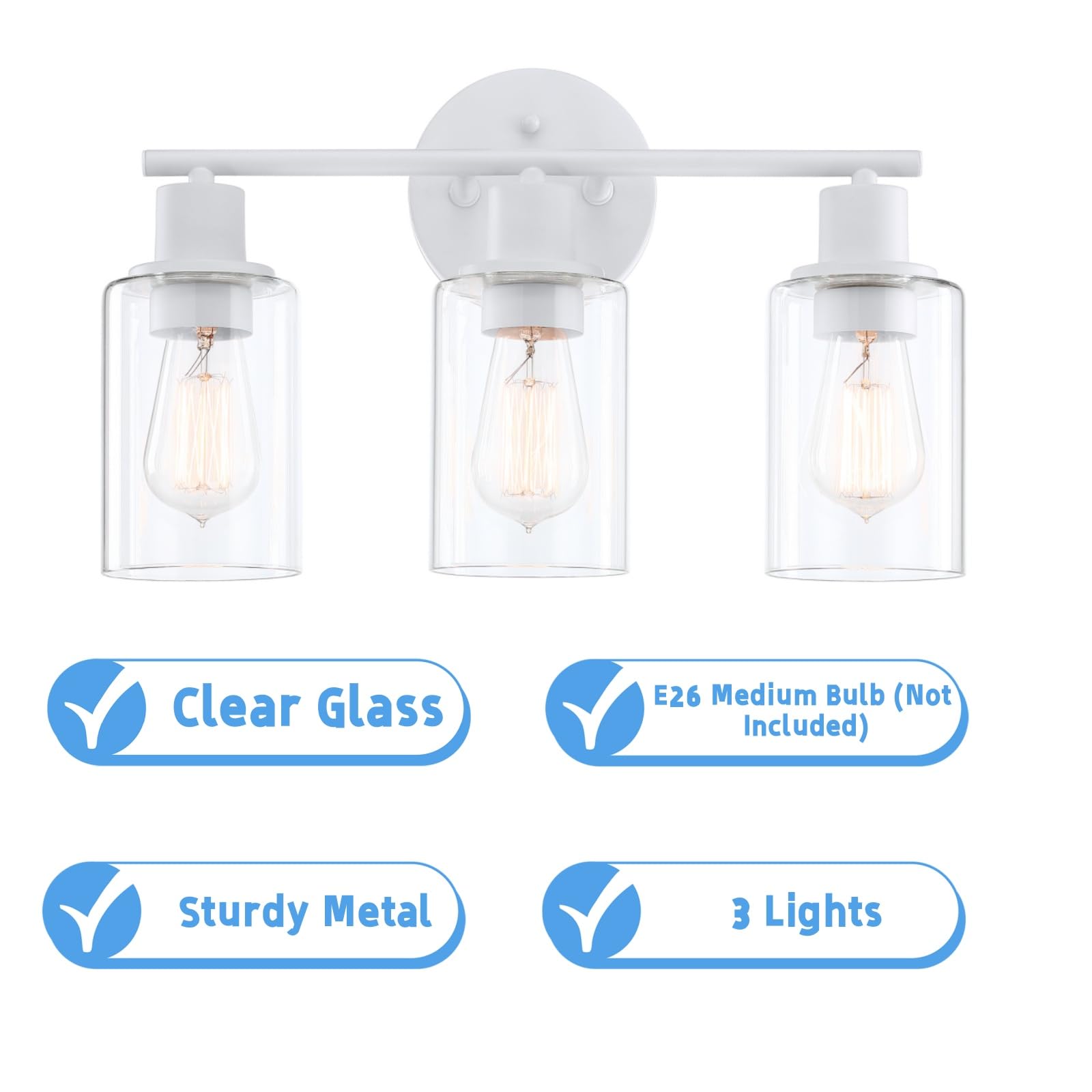 WISBEAM 3-Light Bathroom Vanity Wall Light, Glass Shade, E26 Base, White, Model WS-VNT004