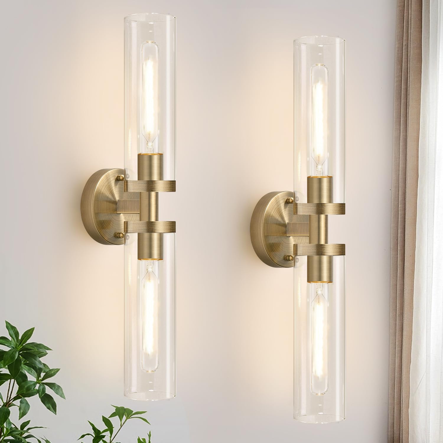 Wall Sconces Set Of Two, Hardwired Brass Bathroom Sconces Wall Lighting With Clear Glass, Modern Sconces Wall Decor Set Of 2 Wal