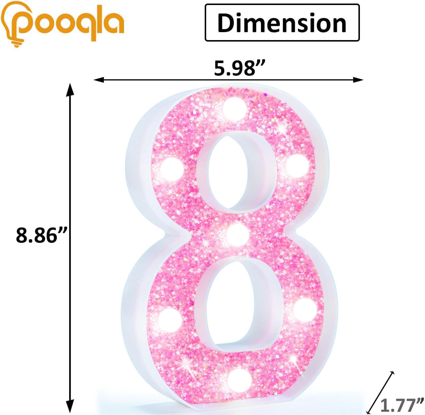 Pooqla Pink Light Up Number 8 - Battery Powered Glitter Night Light for Girls' 8th Birthday, Cool White Decoration