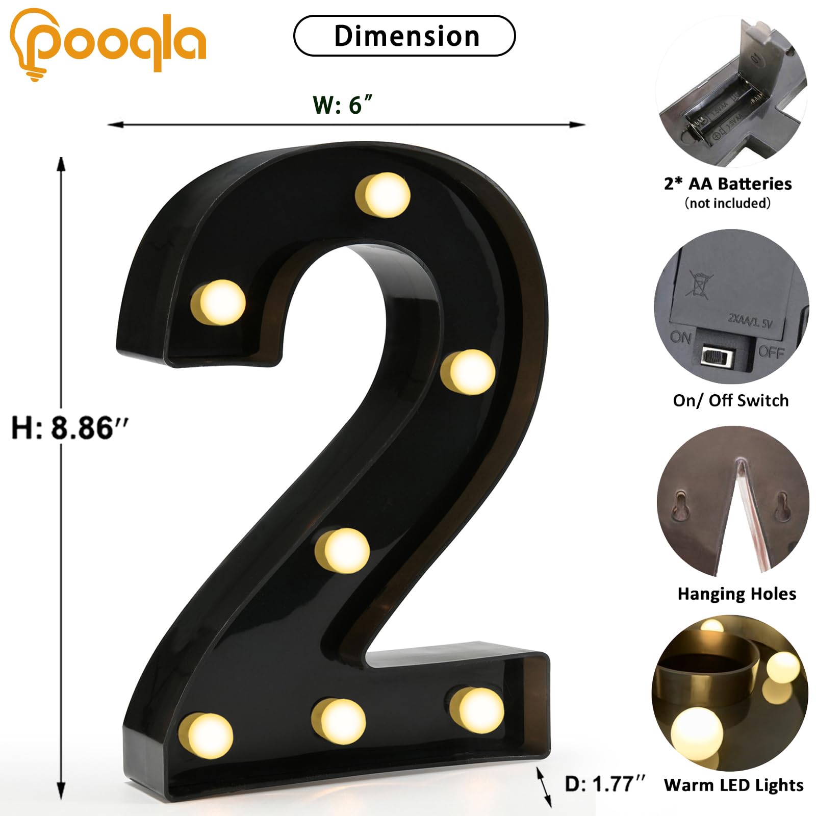 Pooqla Decorative Led Light Up Number Letters, Black Plastic Marquee Number Lights Sign For 2Nd 21Th Birthday Party Wedding Decor Battery Operated Black Number 2