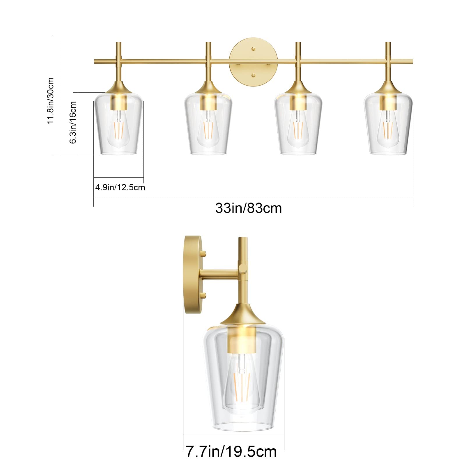 Ralbay 4-Lights Gold Vanity Light Fixture Vintage Gold Vanity Lights Wall Lighting Clear Glass Gold Bathroom Light Fixtures Over