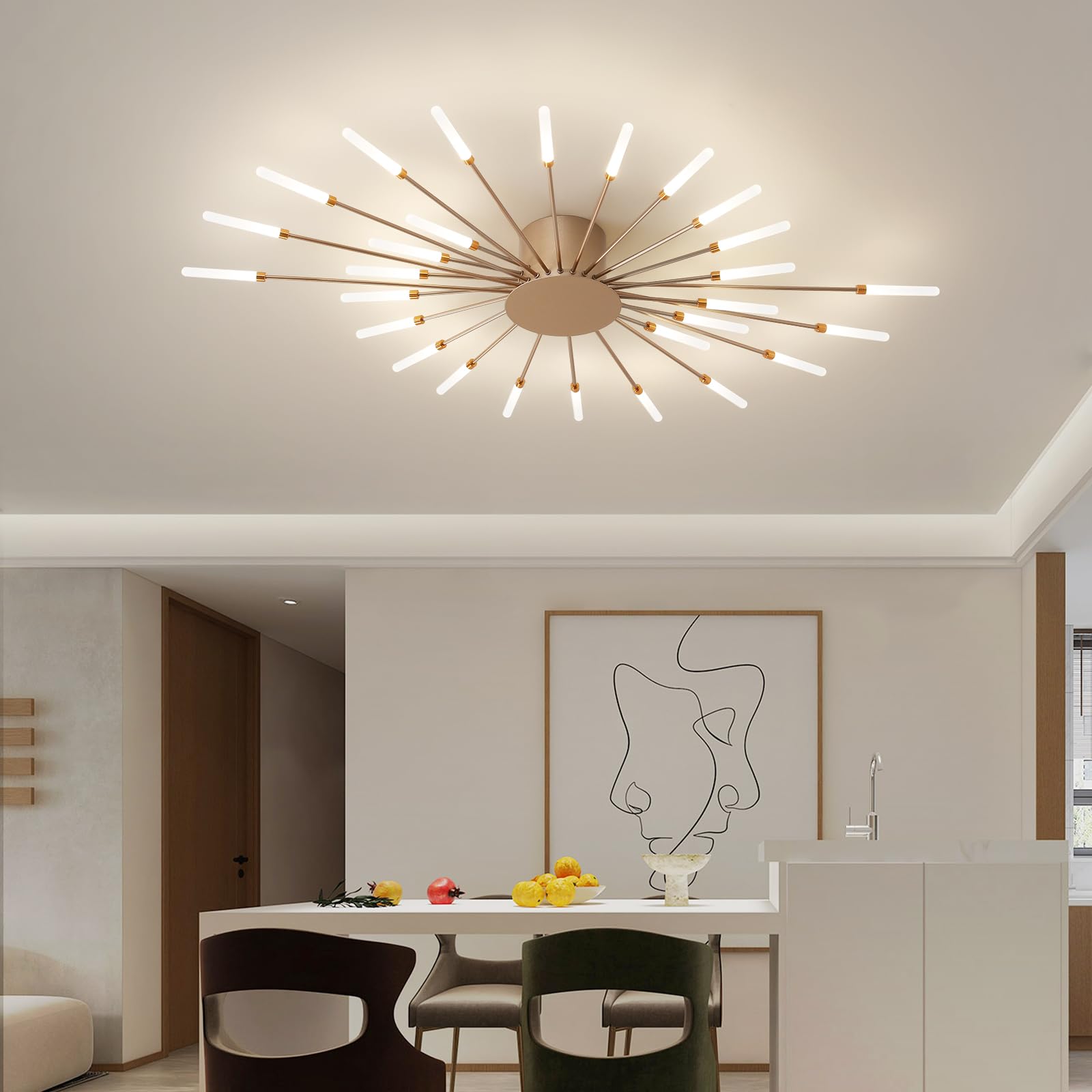 Ziidoo Modern Ceiling Light  28 Lights Metal Firework Designed Chic Led Lighting Fixture For Farmhouse Kitchen Dining Room Bedroom Hallway Living Room (Gold And Dark Gold)