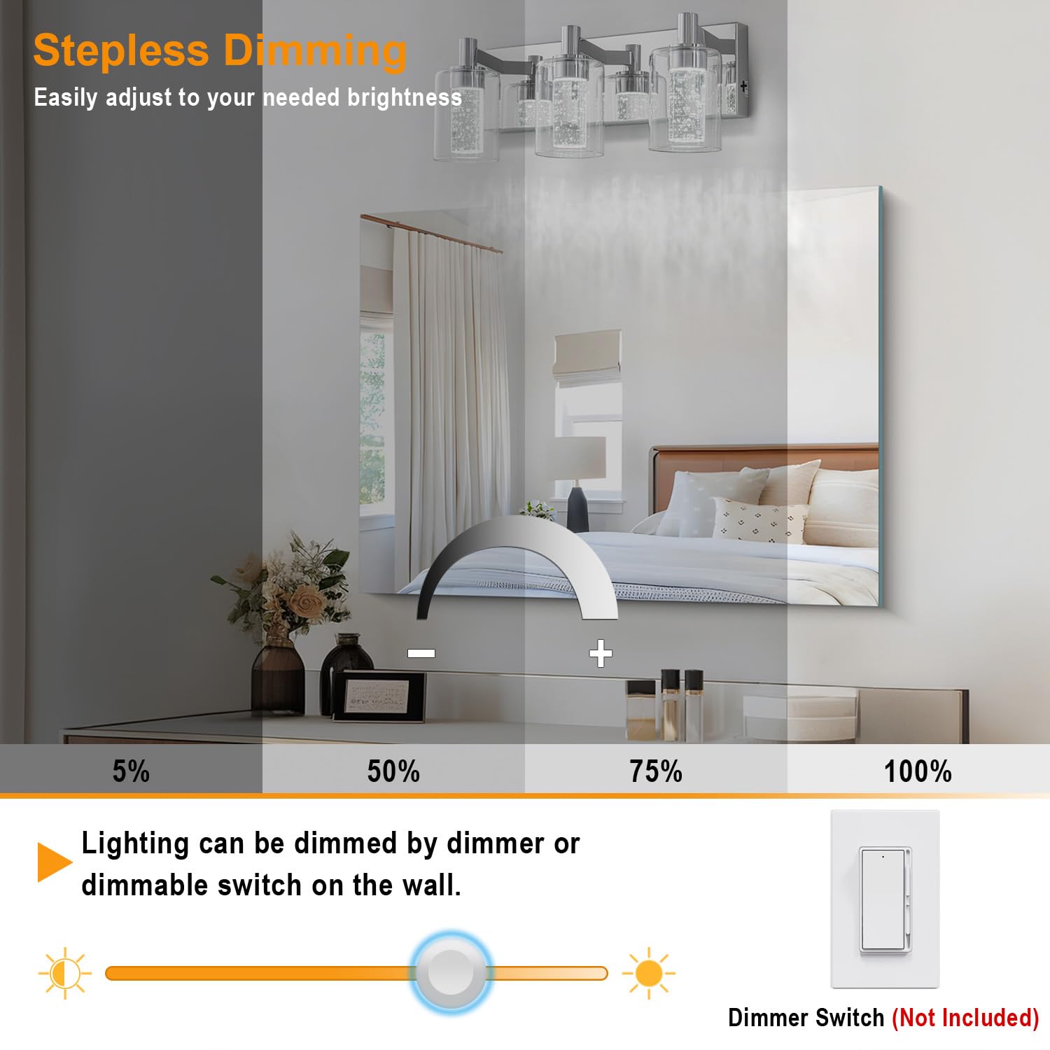 SineRise Vanity Light 3-Light Dimmable LED Fixture with 3 Color Modes, Chrome, Metal, Model S0028