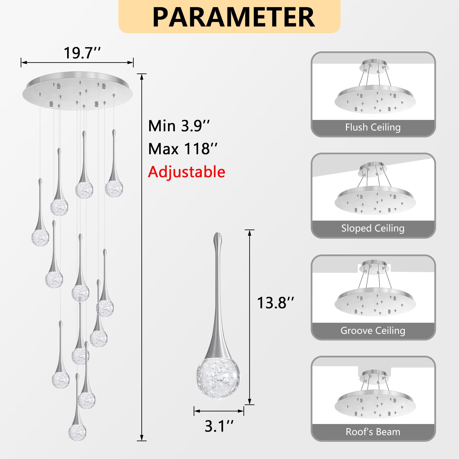 cenozo Modern Glam Crystal Chandelier, 118" Brushed Nickel, 12 Lights, LED Dimmable for High Ceilings, Staircase & Living Room Lighting
