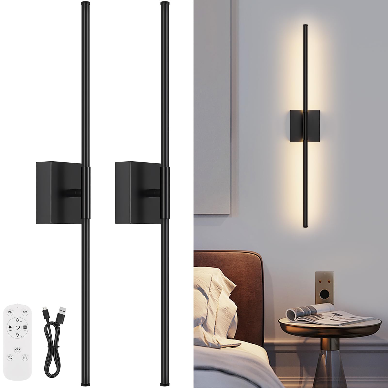 JZEKVN Battery Operated Wall Sconce Set of Two, Dimmable 3000K-6000K, 29.1in Black Metal, Remote Control, Model 202411