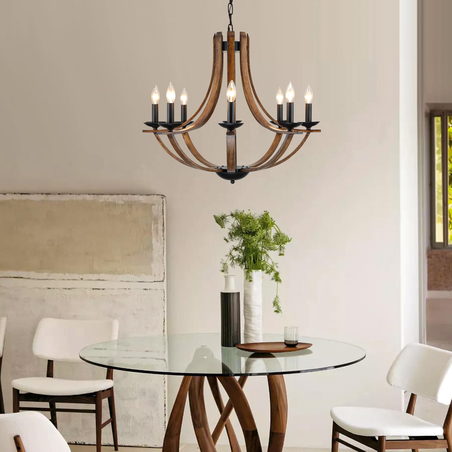 LAMPKEDUO Rustic 8-Light Chandelier Fixture, 28" Adjustable, Black & Faux Walnut, Model D9901-8 for Dining Room, Kitchen, Foyer