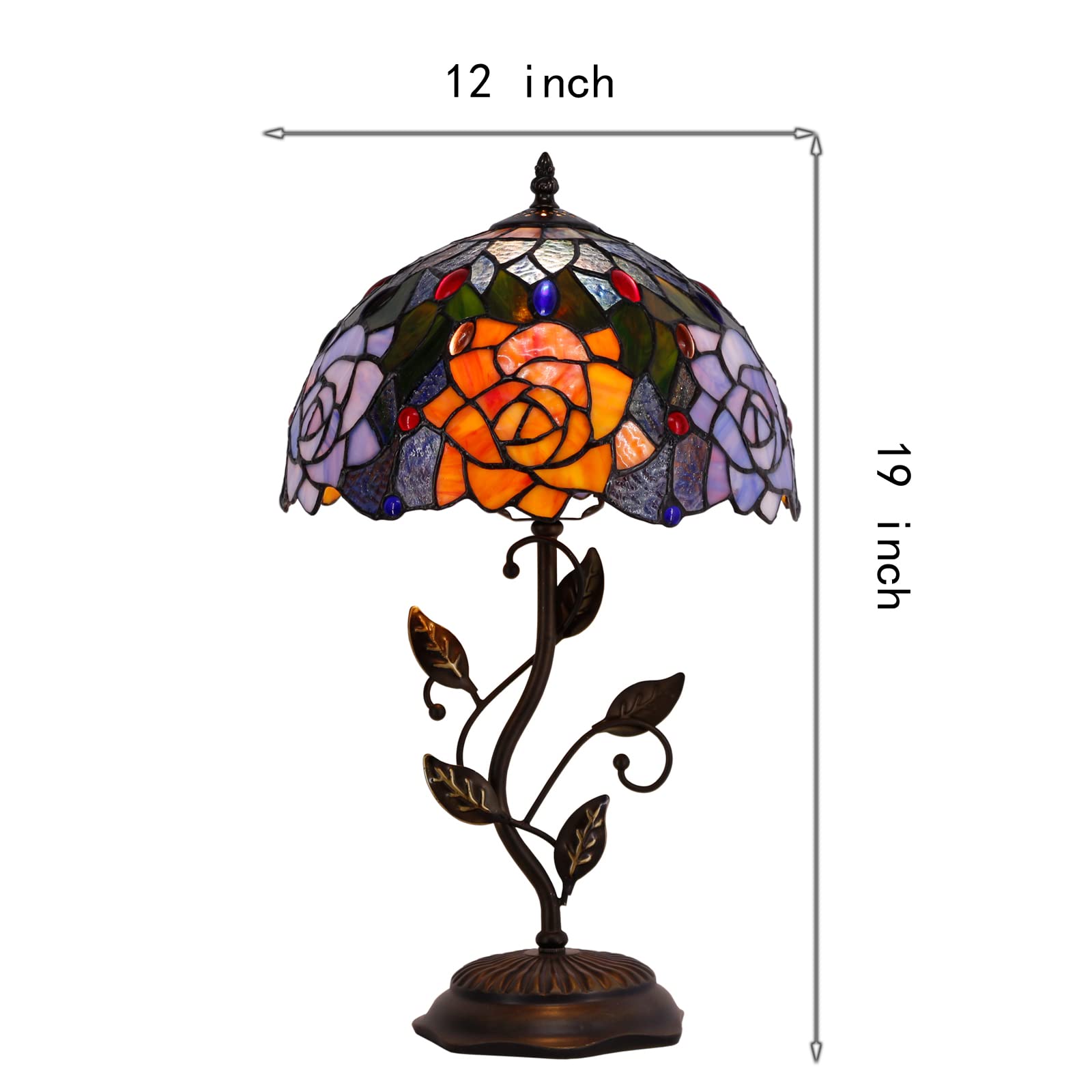 Avivadirect Tiffany Lamp Orange Red Rose Flower Stained Glass Table Lamp Desk Bedside Reading Light 12X12X19 Inches With Metal L
