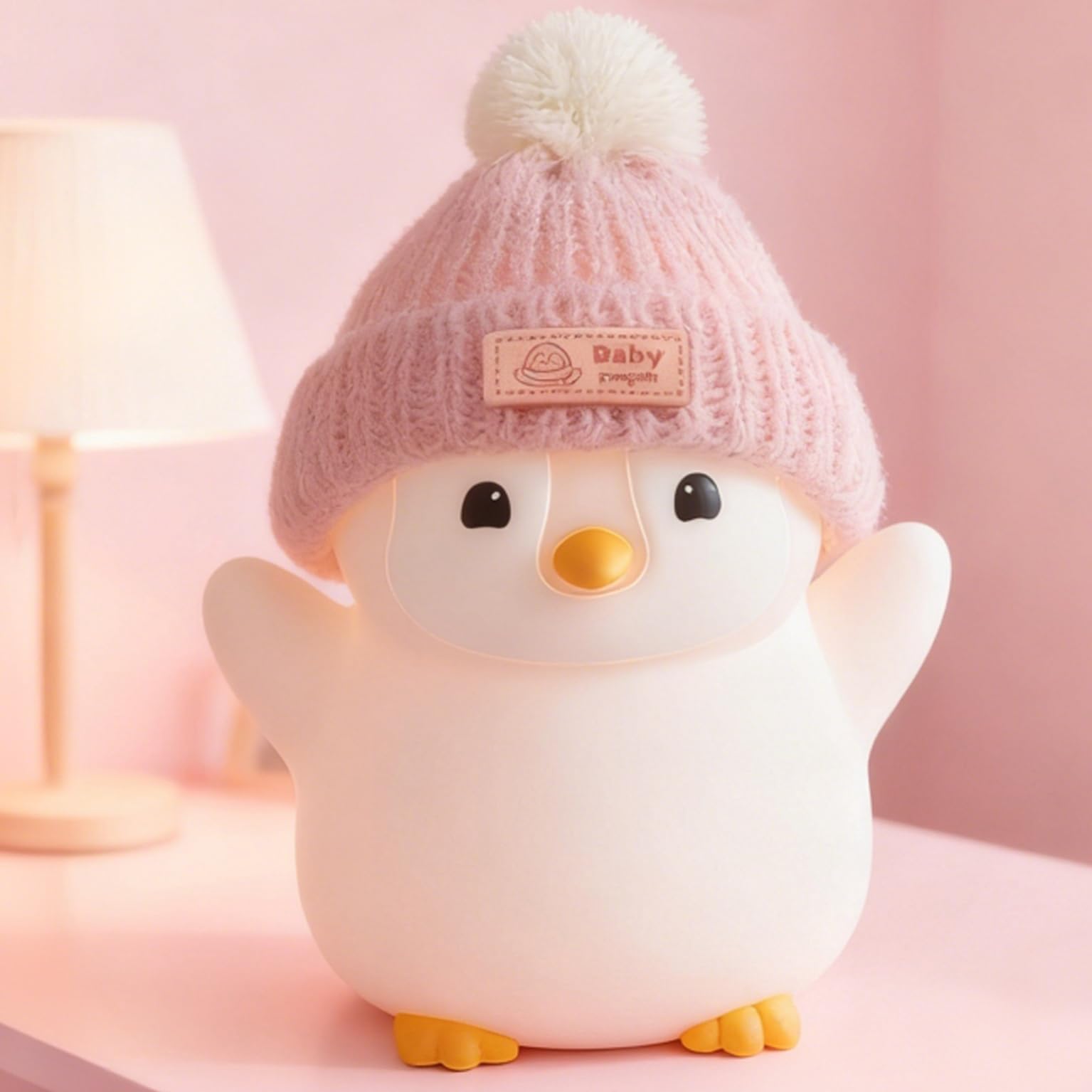 Famiduo Penguin Night Light  Cute Pink Penguin Lamp With Knit Hat  Soft Silicone Nursery Nightlight For Baby  Rechargeable/Dimmable/Timer Led Squishy Novelty Animal Bedside Lamp Funny Gifts For Kids