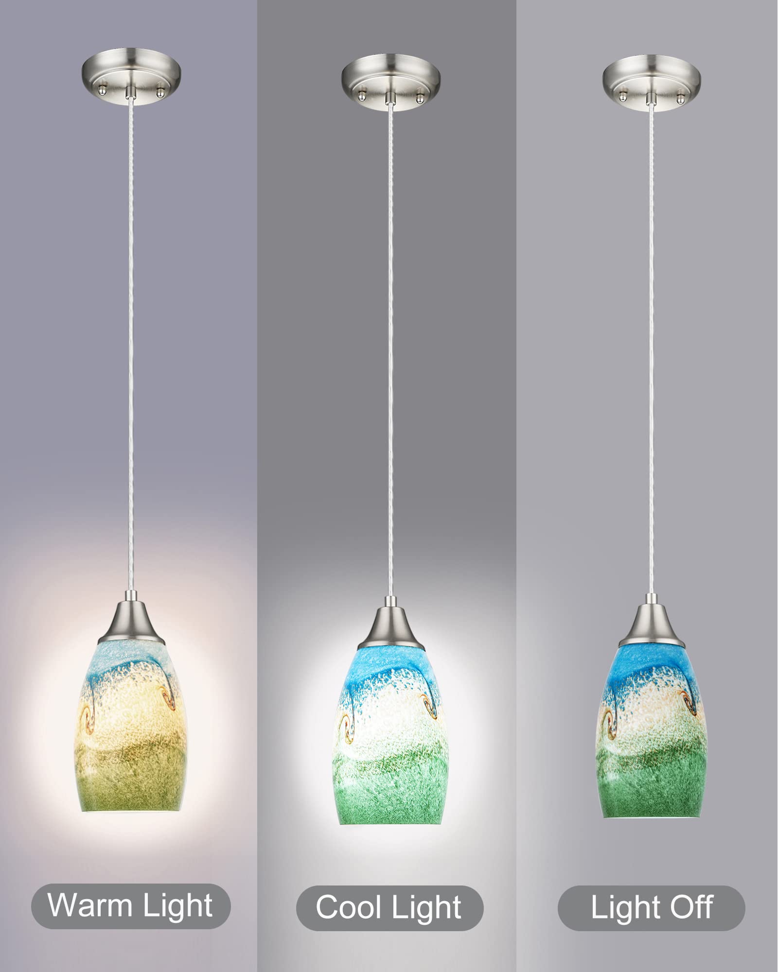 Karyfine 3Pack Mini Pendant Lights Kitchen Island Hand Blown Art Glass Hanging Ceiling Pendant Light Over Kitchen Sink Glass Pen