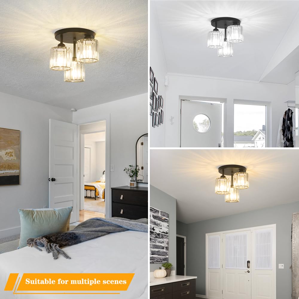 Crystal Semi Flush Mount Ceiling Light, 3-Light Modern Close To Ceiling Light Fixtures, Black Kitchen Light Fixtures With Clear