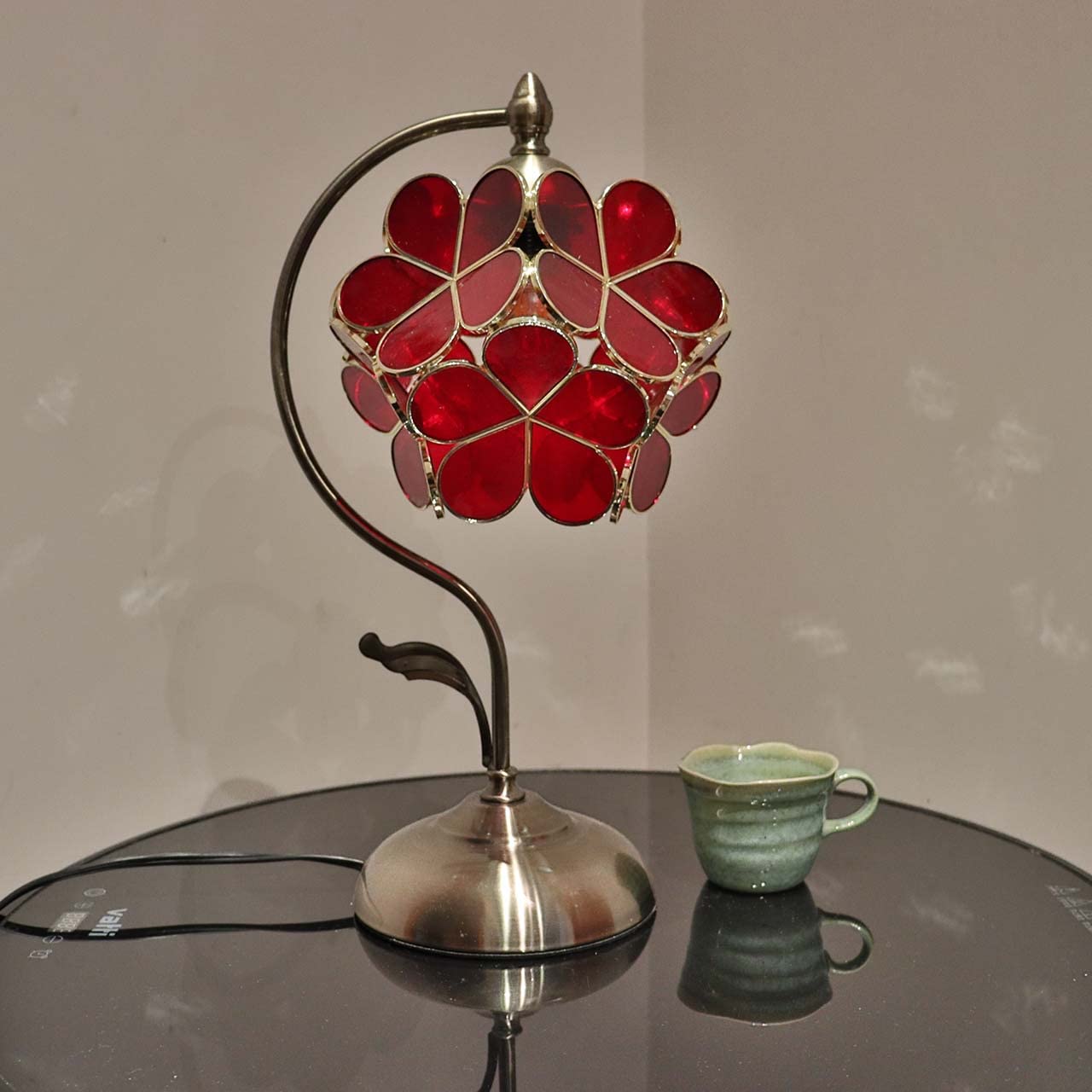 Bieye Tiffany Style Stained Glass Flower Petal Table Lamp, 8in Cherry Blossom, Red, Model PETALTABLE, Brass Base for Home Décor