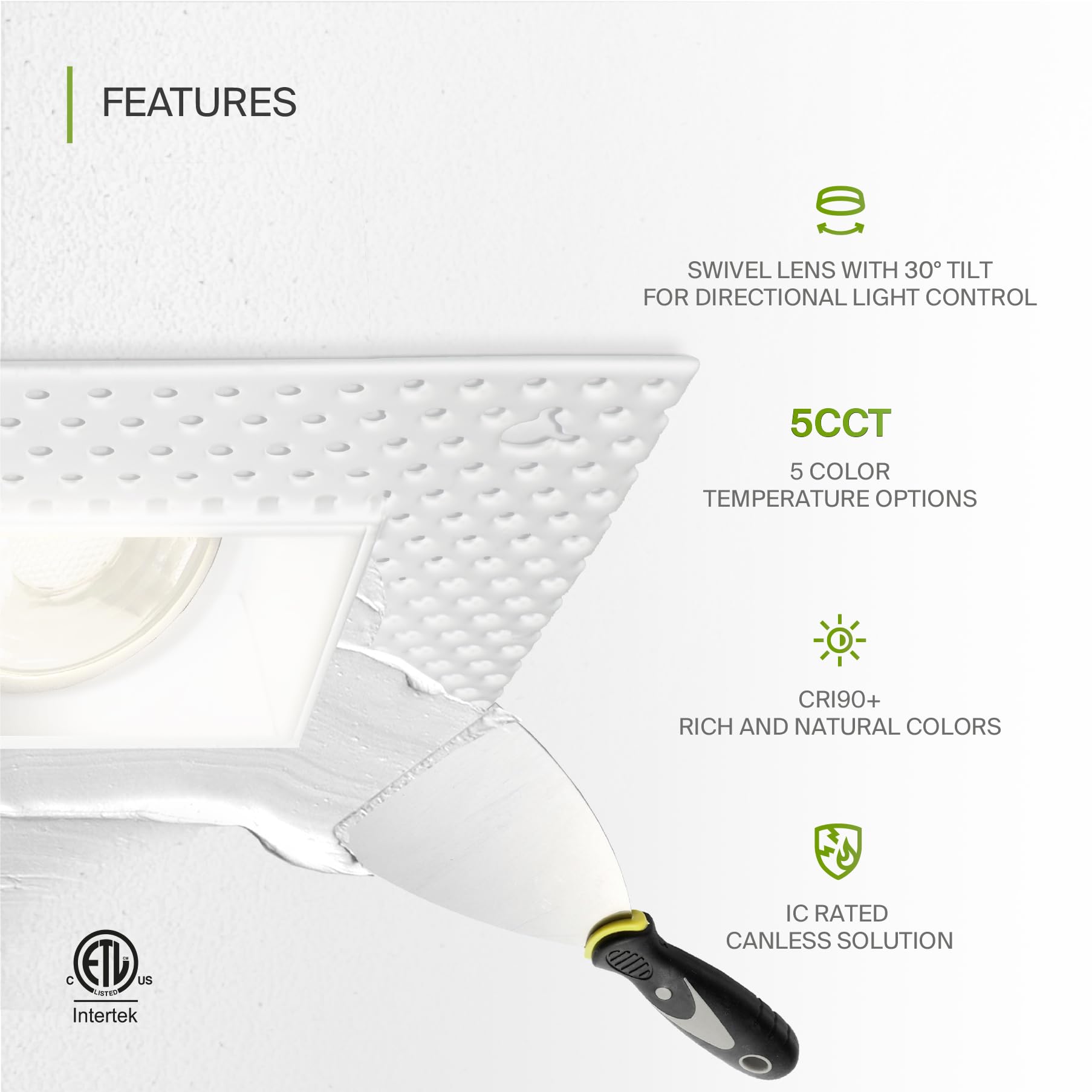 ASD Trimless Gimbal LED Recessed Lighting 8W 120V 2in Square Downlight 5 CCT 2700K-5000K White Model A-CD-TGS