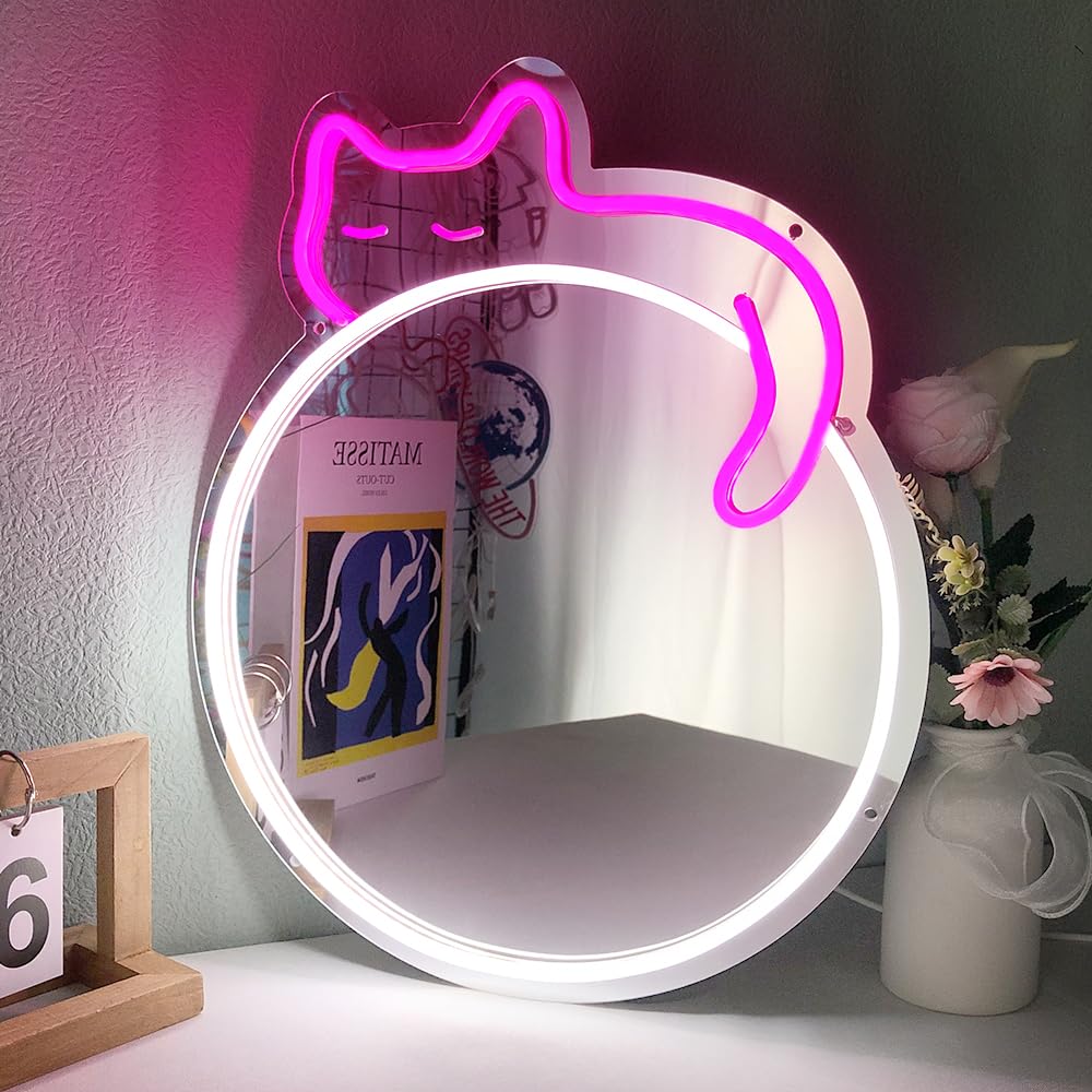 Jxin Cat Neon Signs Mirror 16.53X13.38 Usb Powered With Dimmer Led Cute Neon Light For Wall Room Decor Bedroom Living Room Party Studio Shop Birthday Gifts For Girls