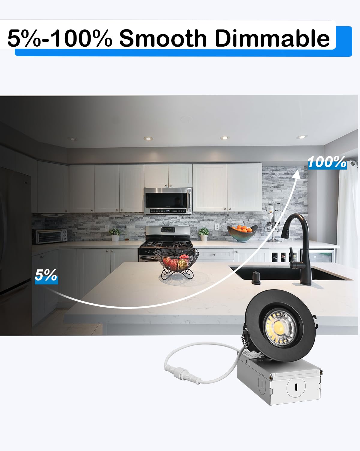 ZYC 3 Inch Recessed LED Lights, 4 Pack Black Gimbal Lighting, ETL Listed, 5CCT Downlight, Aluminum, Model G-BW-3R