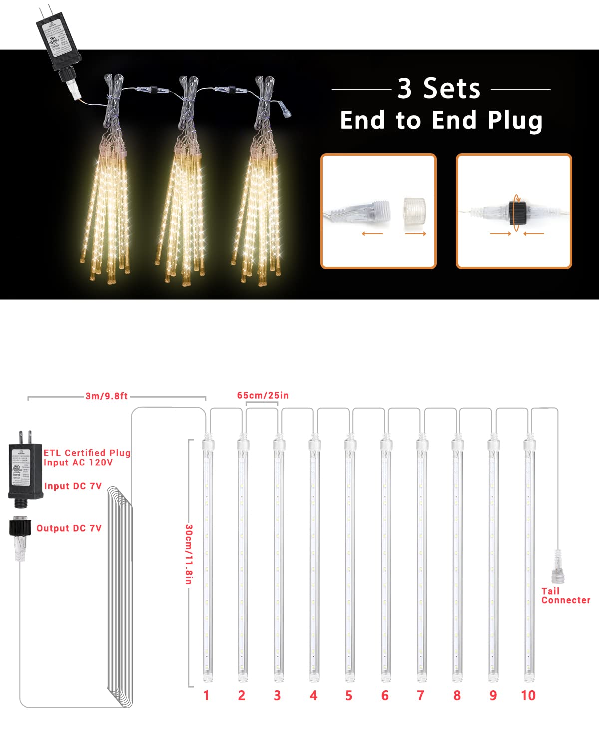 Flacchi Warm White 10 Tubes 240 Led Raindrop Meteor Shower Icicle Lights With Timer Function Cascading Falling Rain Lights For H