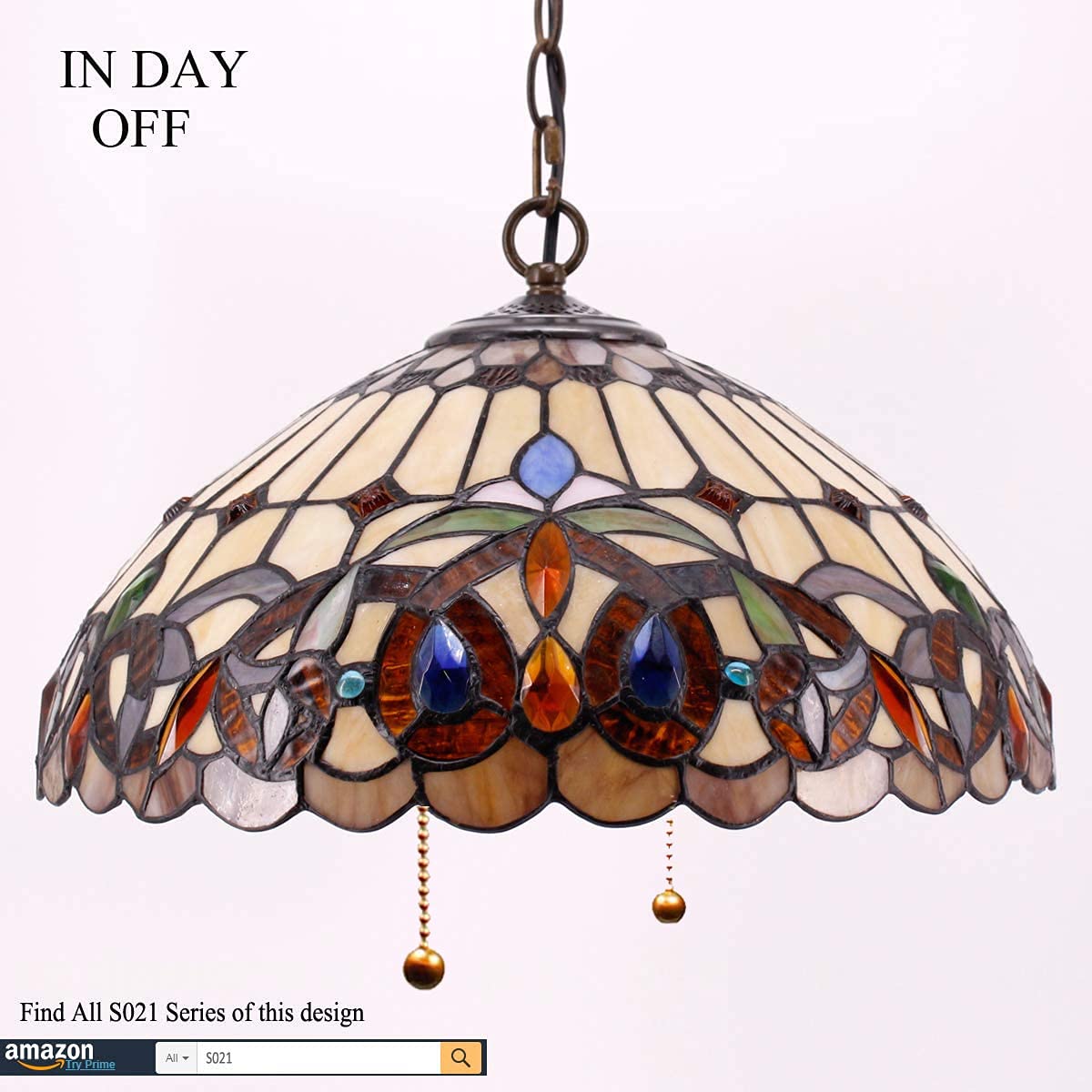 WERFACTORY Tiffany Pendant Light - Stained Glass Hanging Lamp, 16in Wide, 40in Height, Serenity Victorian S021 Series, Large, Glass