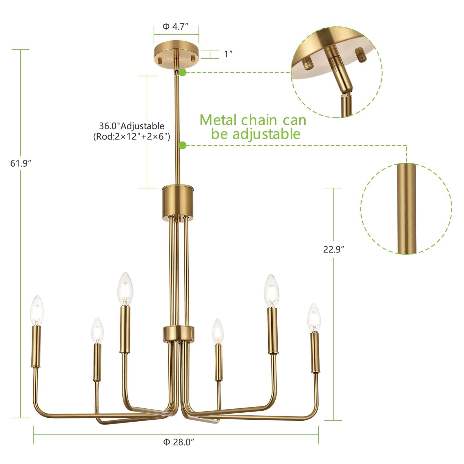 Niloah Brushed Gold Chandelier, 6-Light Chandelier For Dining Room, Farmhouse Pendant Light Fixtures For Bedroom, Foyer, Living