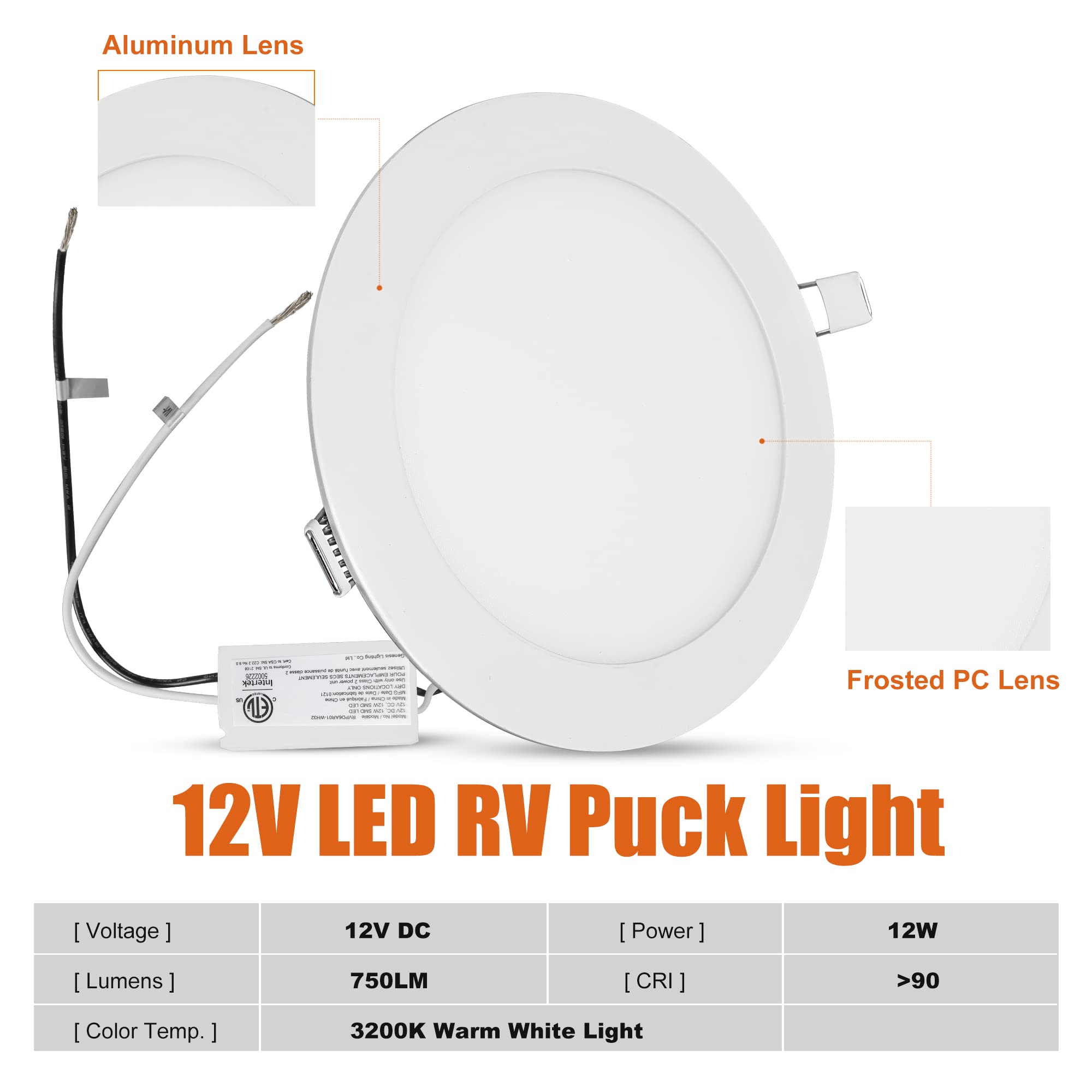 Facon LED RV Puck Light, 6.5Inch, 12V DC, Aluminum, White, 4Pack, Model RVPD6AR01-WH32