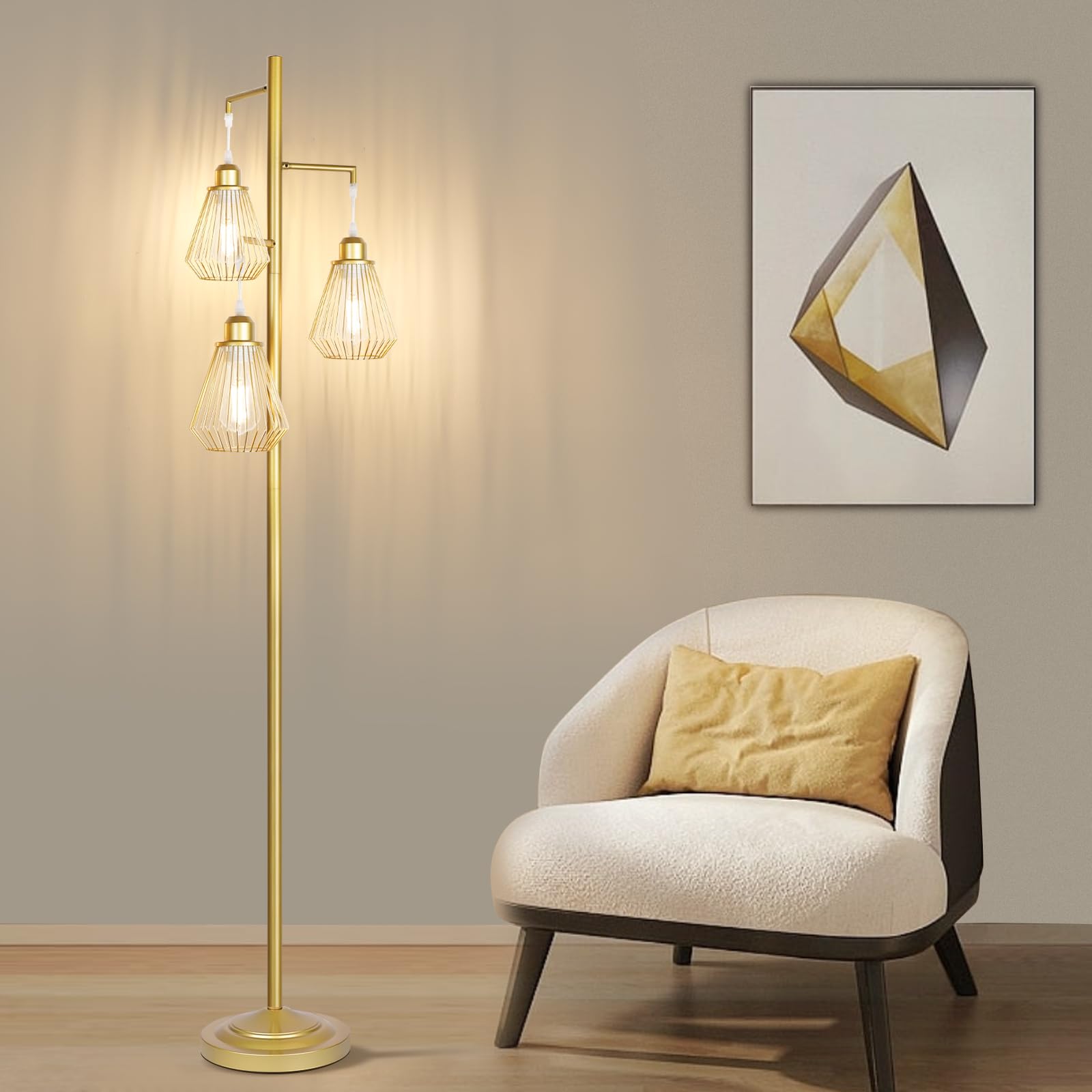 QiMH Industrial Floor Lamp, 68in Modern Metal Tree Lamp with 3 Teardrop Shades, Gold, E26 Socket, 3 LED Bulbs Included, Model STR-FL-0163