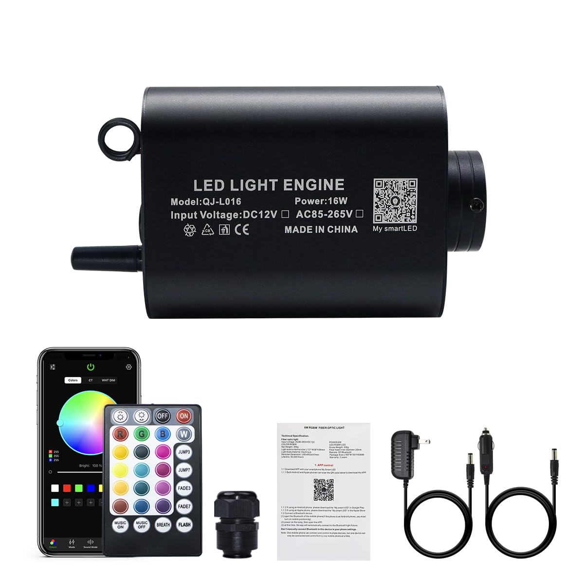 AKEPO Bluetooth APP Control Fiber Optic Light Source, 16W, RGBW, Aluminum, Model QJ-L016, Multiple Colors, Music Activated, Remote Control