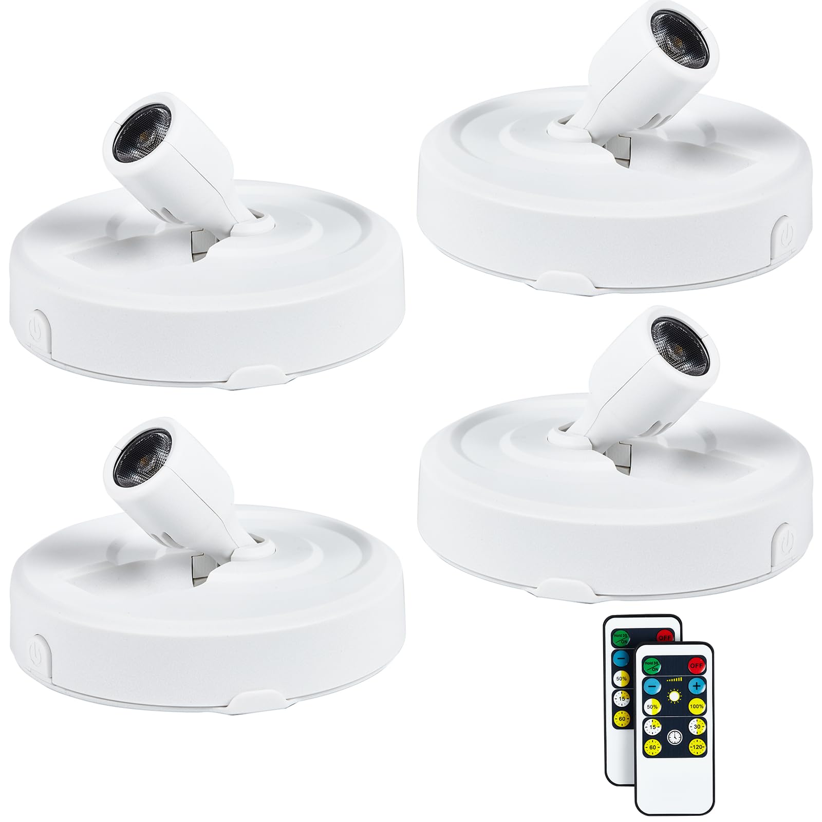 HOFUY Wireless LED Spotlight Puck Lights, Dimmable with Remote, 4-Pack, White, Model Spot-QB-4