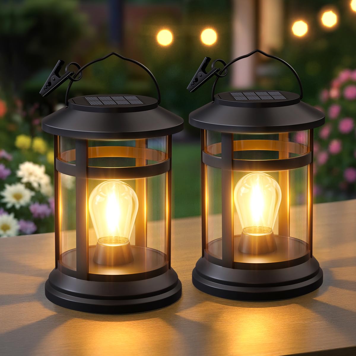 NFEVER Solar Lanterns - 2 Pack Waterproof Hanging Lights, LED Warm White, Black, Model HUNA-LAN-2P for Patio, Porch, Garden Decor