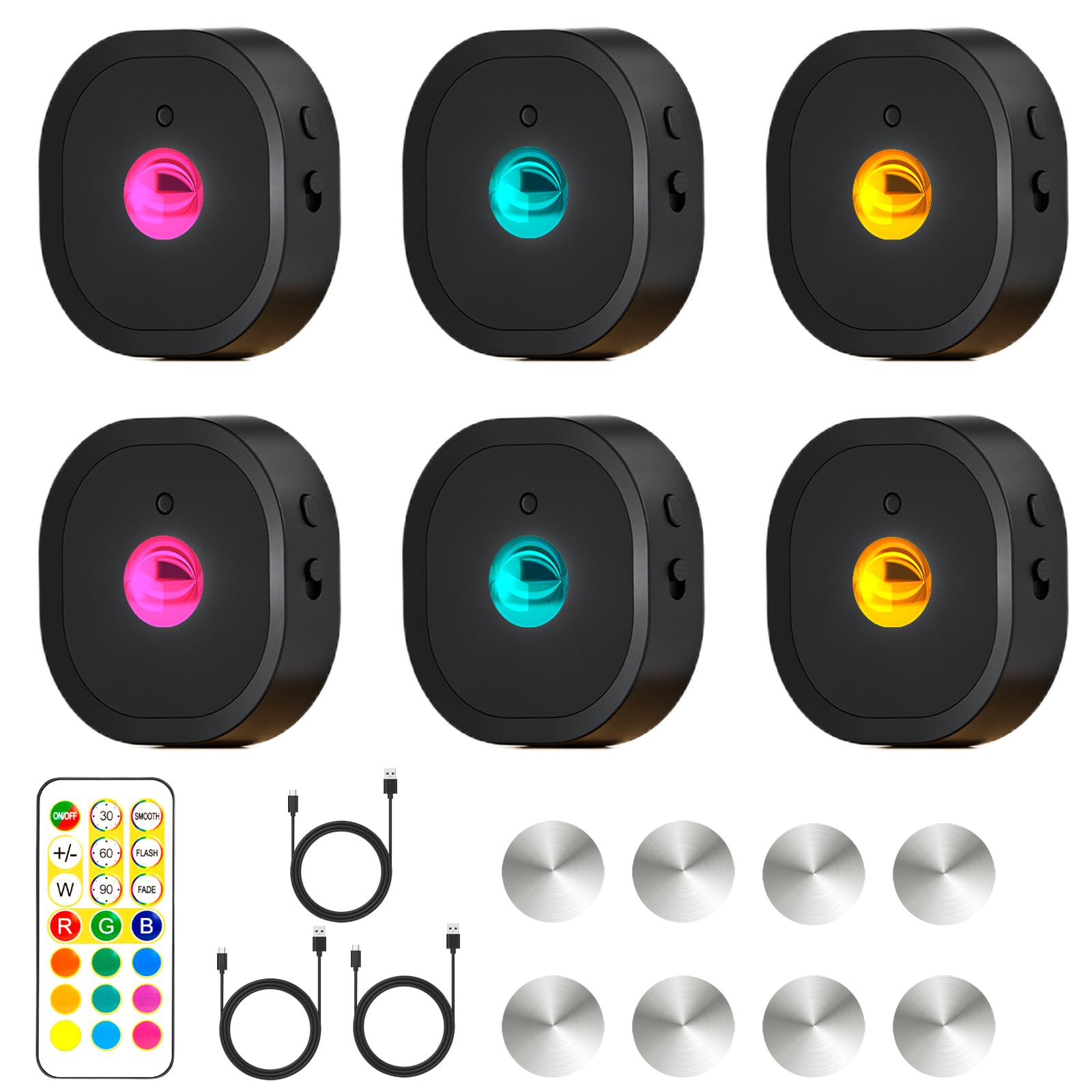 HOMEBEST Puck Lights with Remote, Rechargeable, 13 RGB Colors, Model HL05, Black, 6 Pack