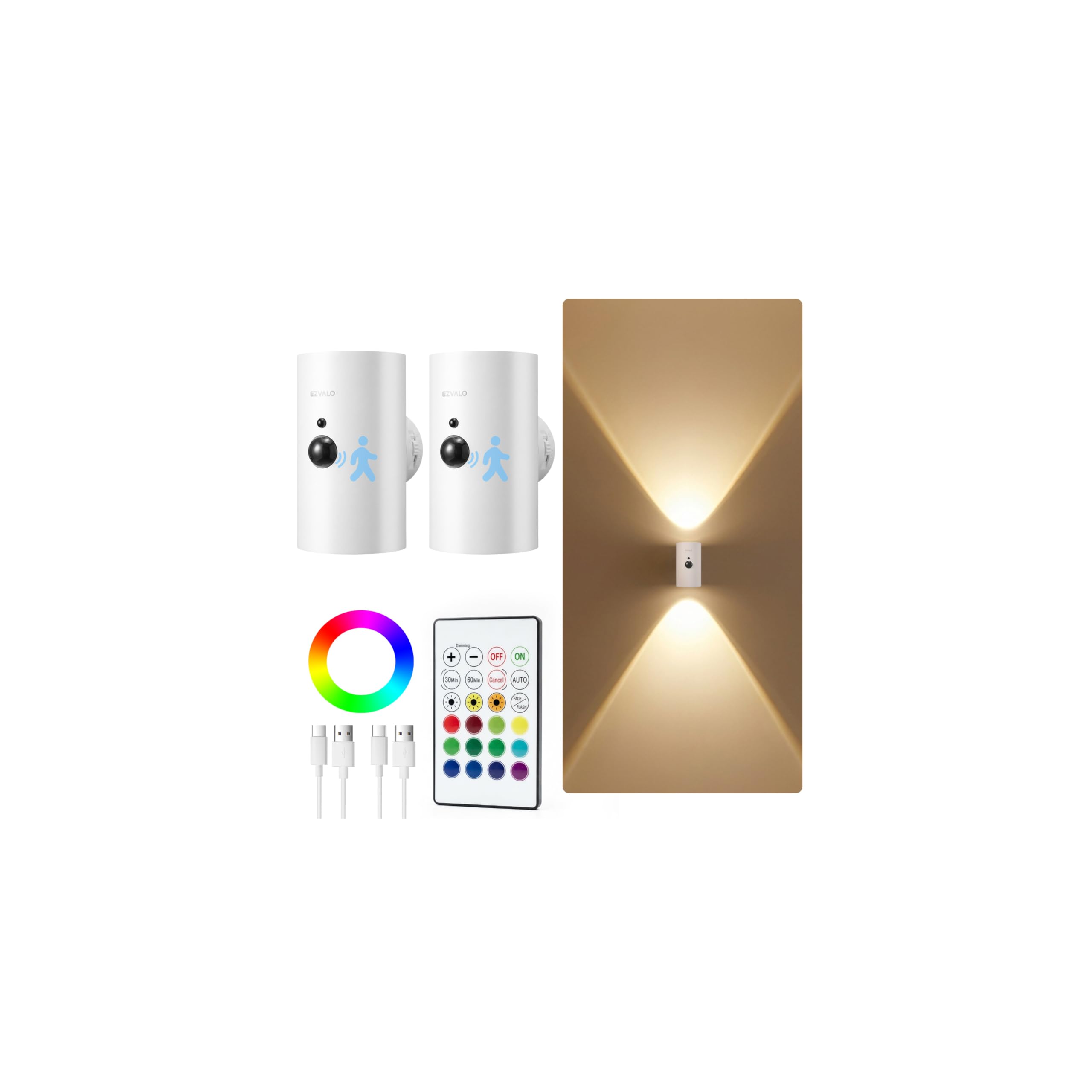 EZVALO Motion Sensor Wall Sconces, Battery Operated Wall Lights with 4000mAh Rechargeable Battery, 3 CCT & 12 RGB Remote LED Lig