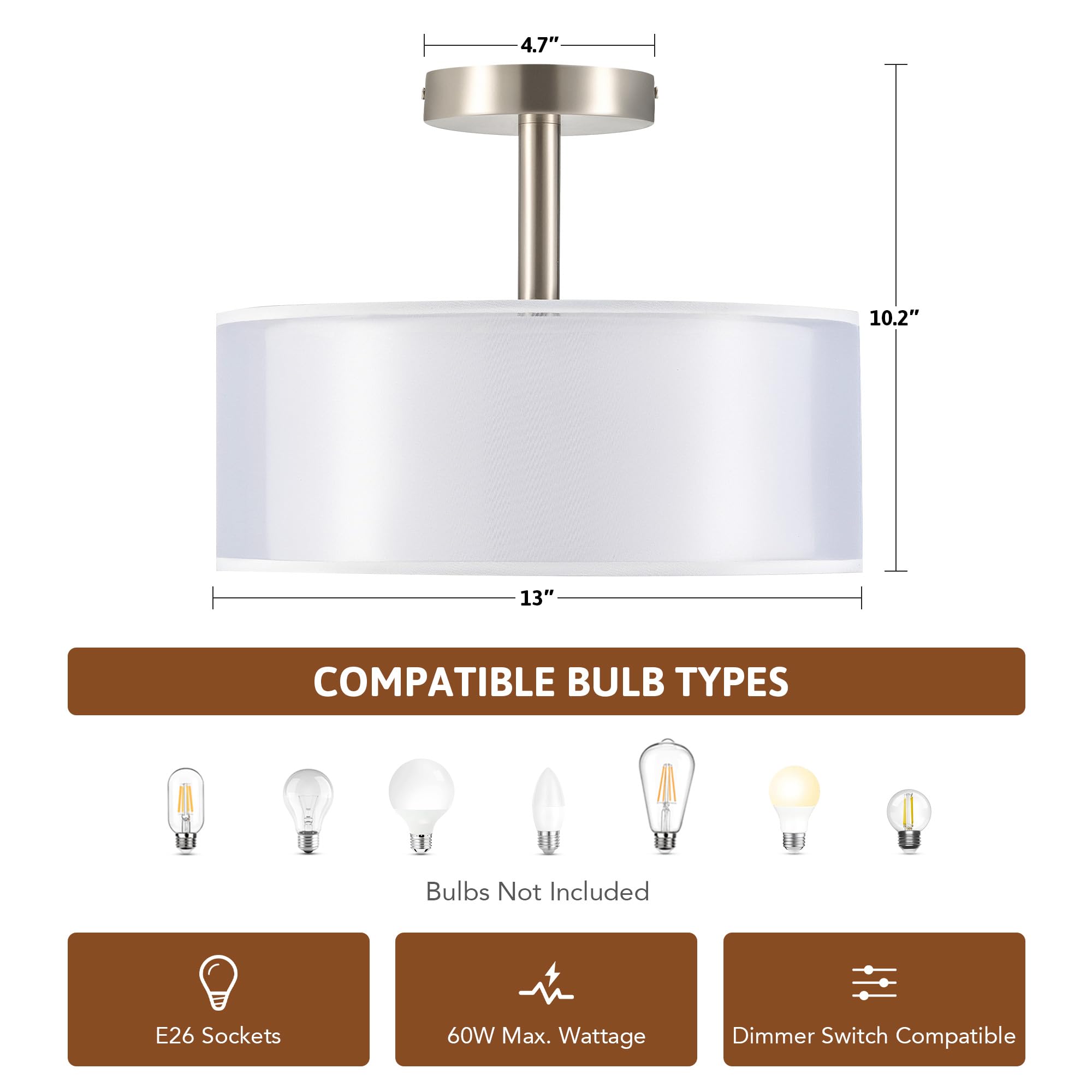 VONLUCE Semi Flush Mount Ceiling Light, 13in White Fabric Shade, 3-Light Drum Fixture, Nickel Finish, Model HCF-1049-WH