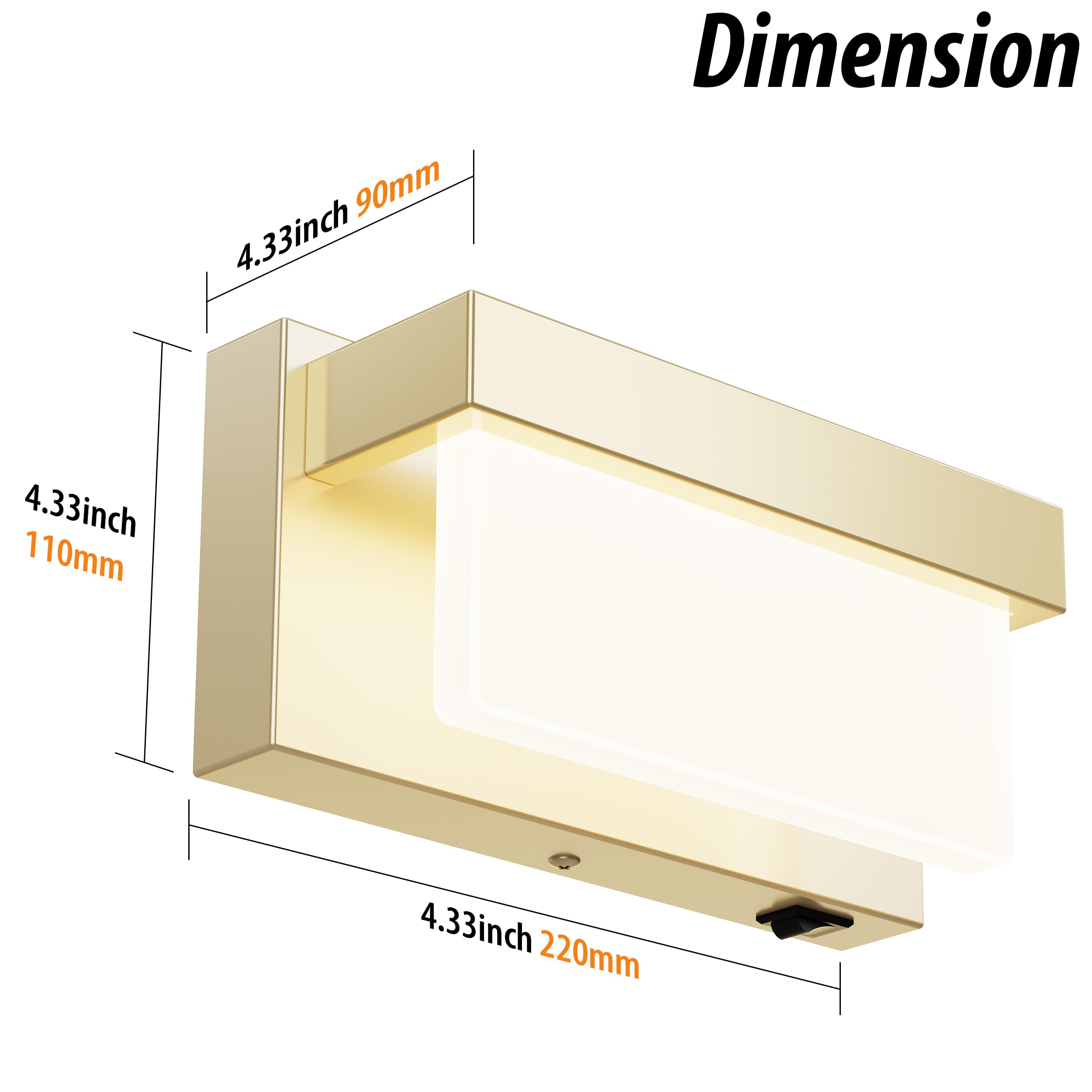 Lightinn Wall Sconce Champagne Gold Wall Light With On/Off Switch 8 Inch Led Wall Lamp Acrylic Lampshade 4000K Sconce Wall Lighting