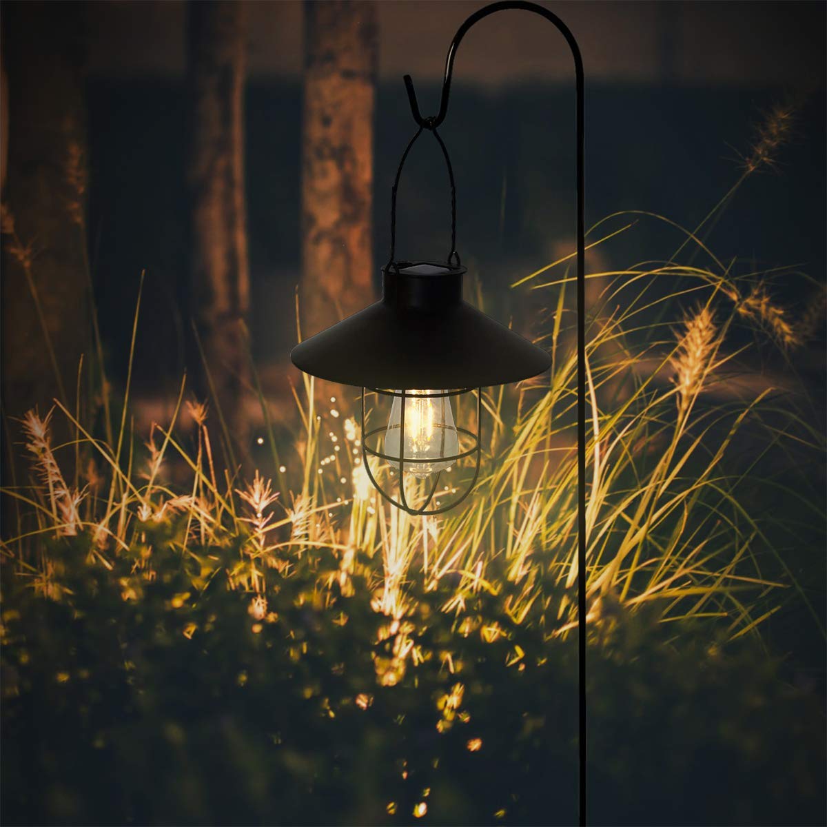 pearlstar Solar Lantern Outdoor Light, Metal, Warm White Edison Bulb, Black, Model 049