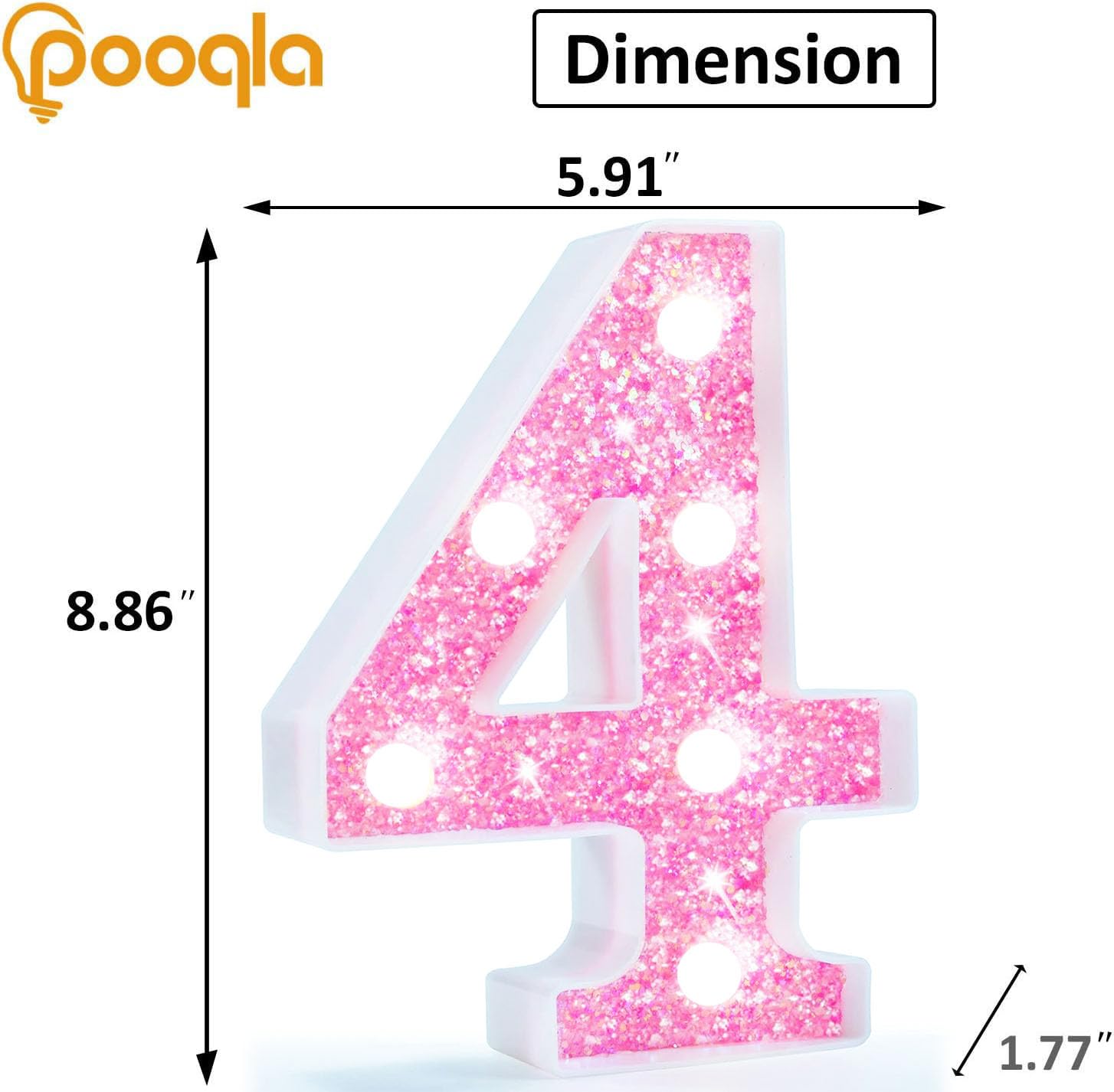 Pooqla Marquee Number Light, Cool White Glitter Number 4 - Battery Powered Decorative Night Light for Girls' 4th Birthday, Wedding, Christmas