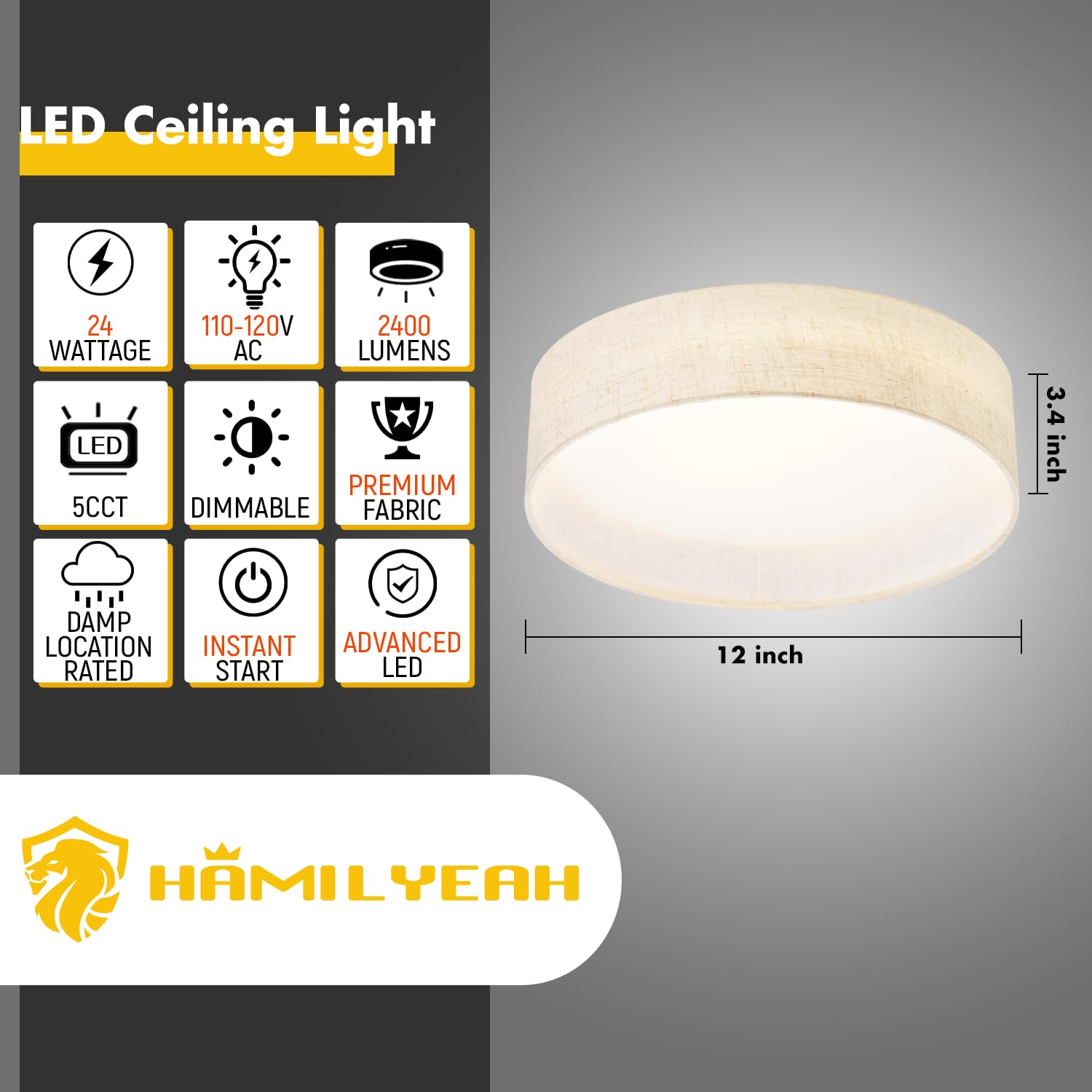 Hamilyeah Flush Mount Ceiling Light Fixture 24W, Dimmable Led Ceiling Light With Beige Fabric Shade 5Cct, 12 Inch Drum Light Fix