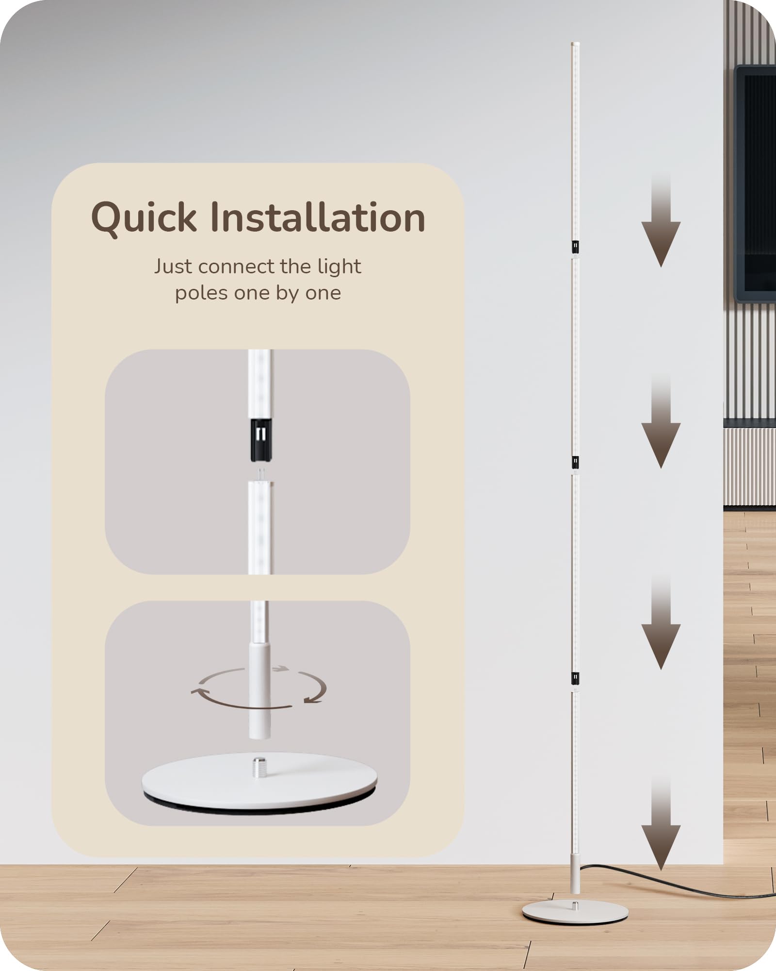 EDISHINE Corner LED Floor Lamp, Dimmable, 3 Color Temperatures, 57.5in, White, Aluminum