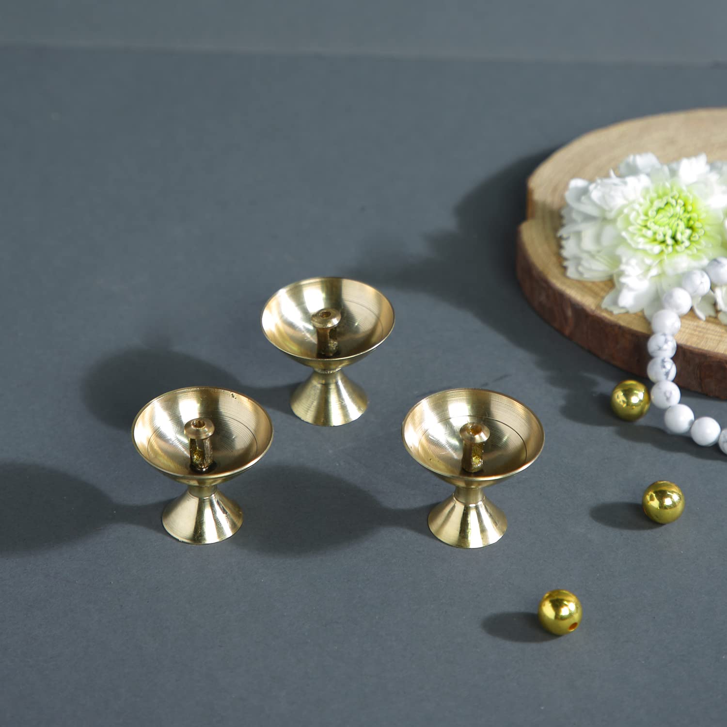 CraftVatika Brass Akhand Small Diya Oil Lamp Holder for Puja (4 x 3.2 CM, Golden) ( 3 Piece)