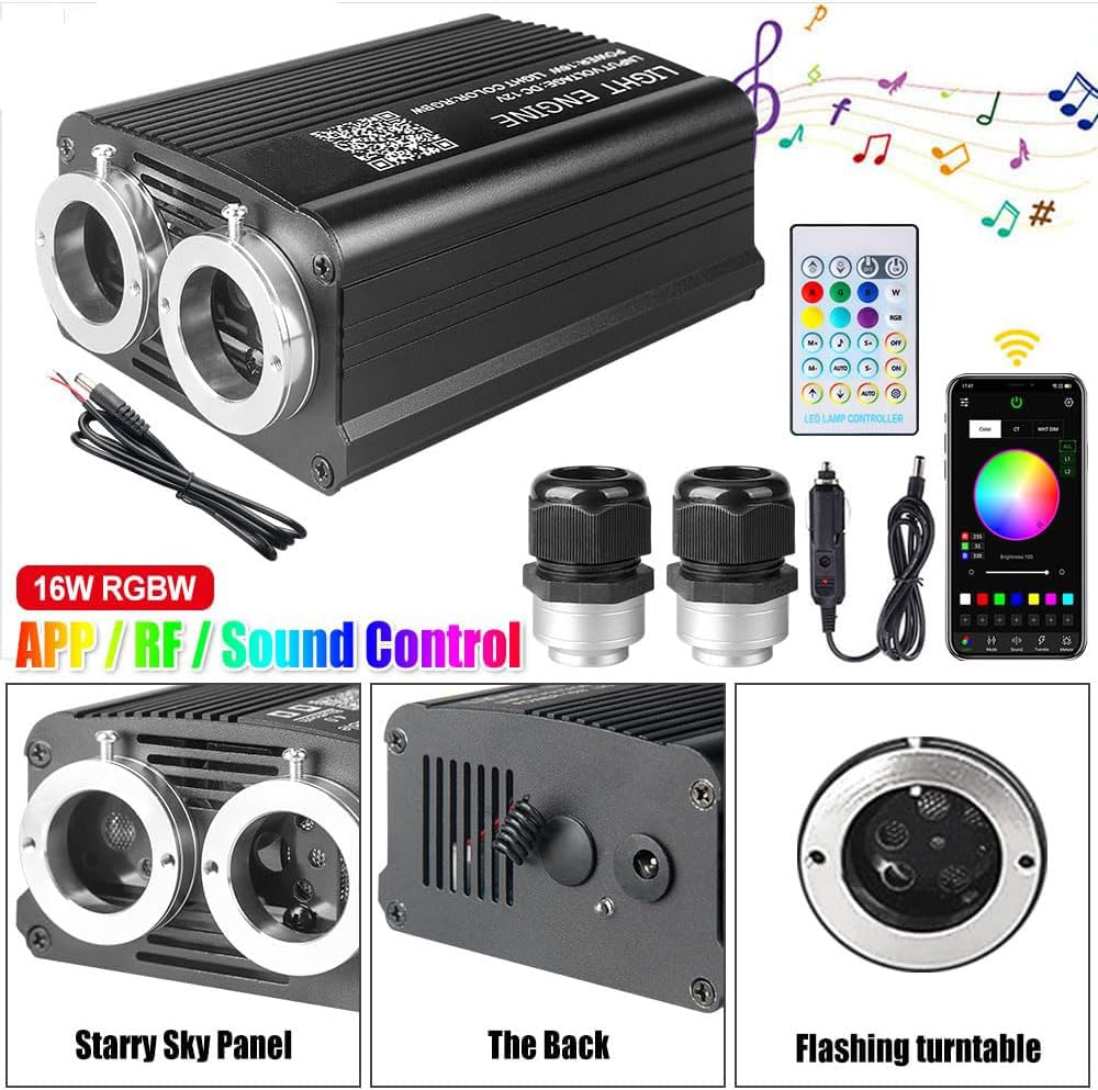 XAEIOW Dual Port 32W Starlight Headliner Light Kit, RGBW, 9.8ft Fiber Optical Cable, Sound Activated, for Car/Home/Party