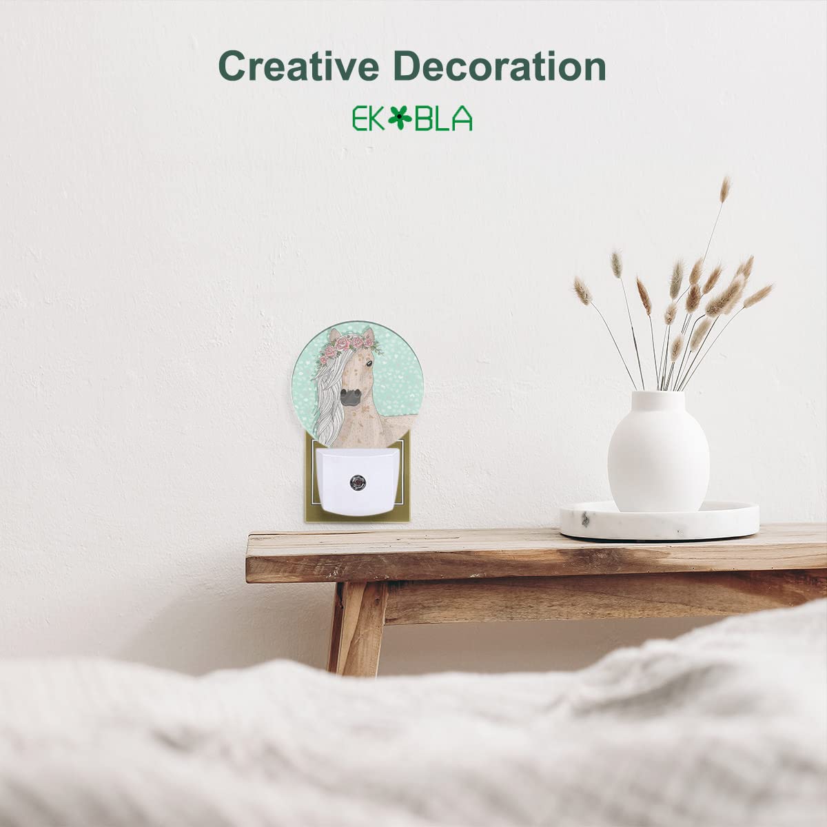 Ekobla Watercolor Horse Night Light Wild Life Animal Horse Long Hair With Flowers Wreath Small Green Dots Plug-In Nightlights Du