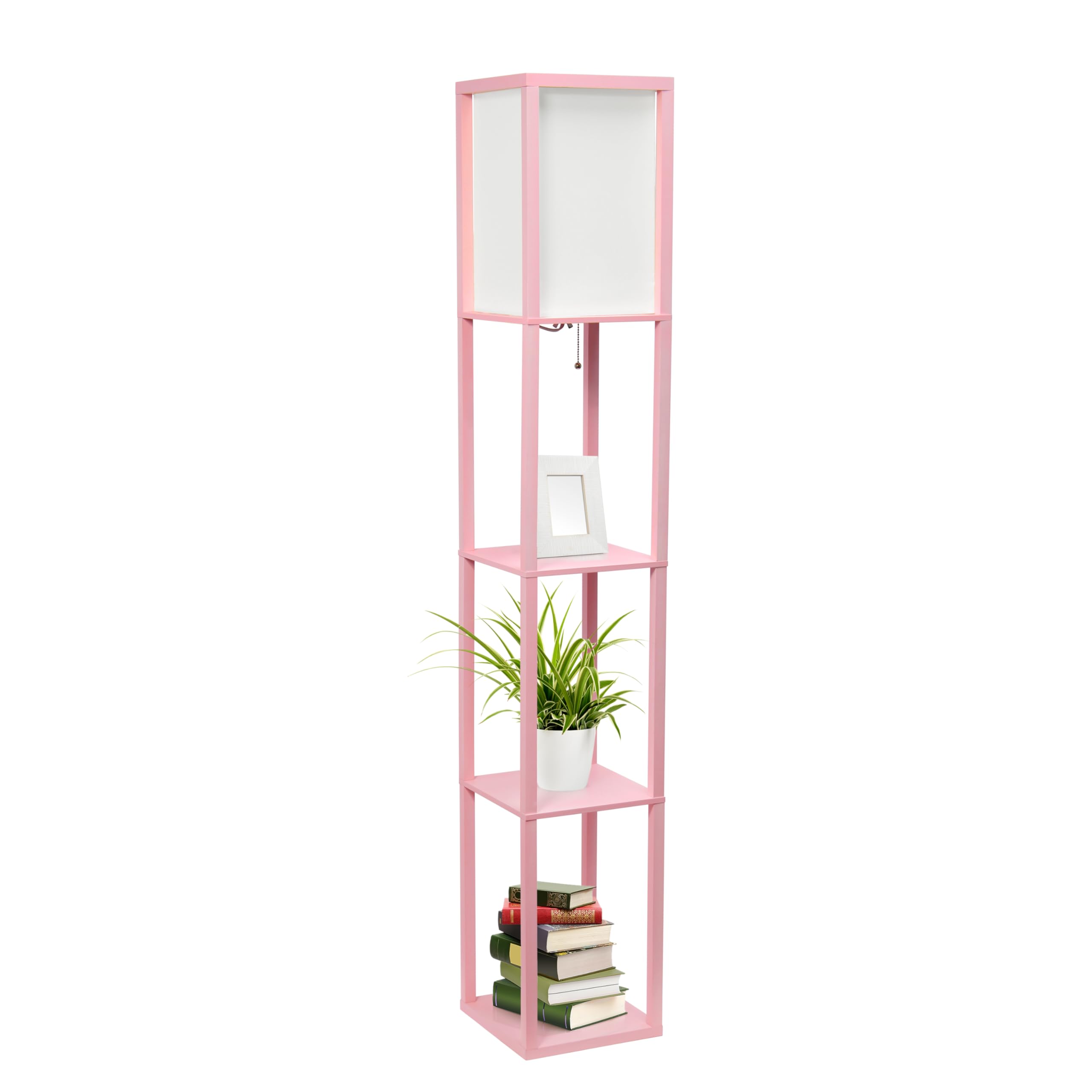 Simple Designs LF1014-LPK-2PK Three Shelf Etagere Organizer Storage Floor Lamp 2 Pack Set with White Linen Shade for Living Room, Bedroom, Office, Hallway, Light Pink