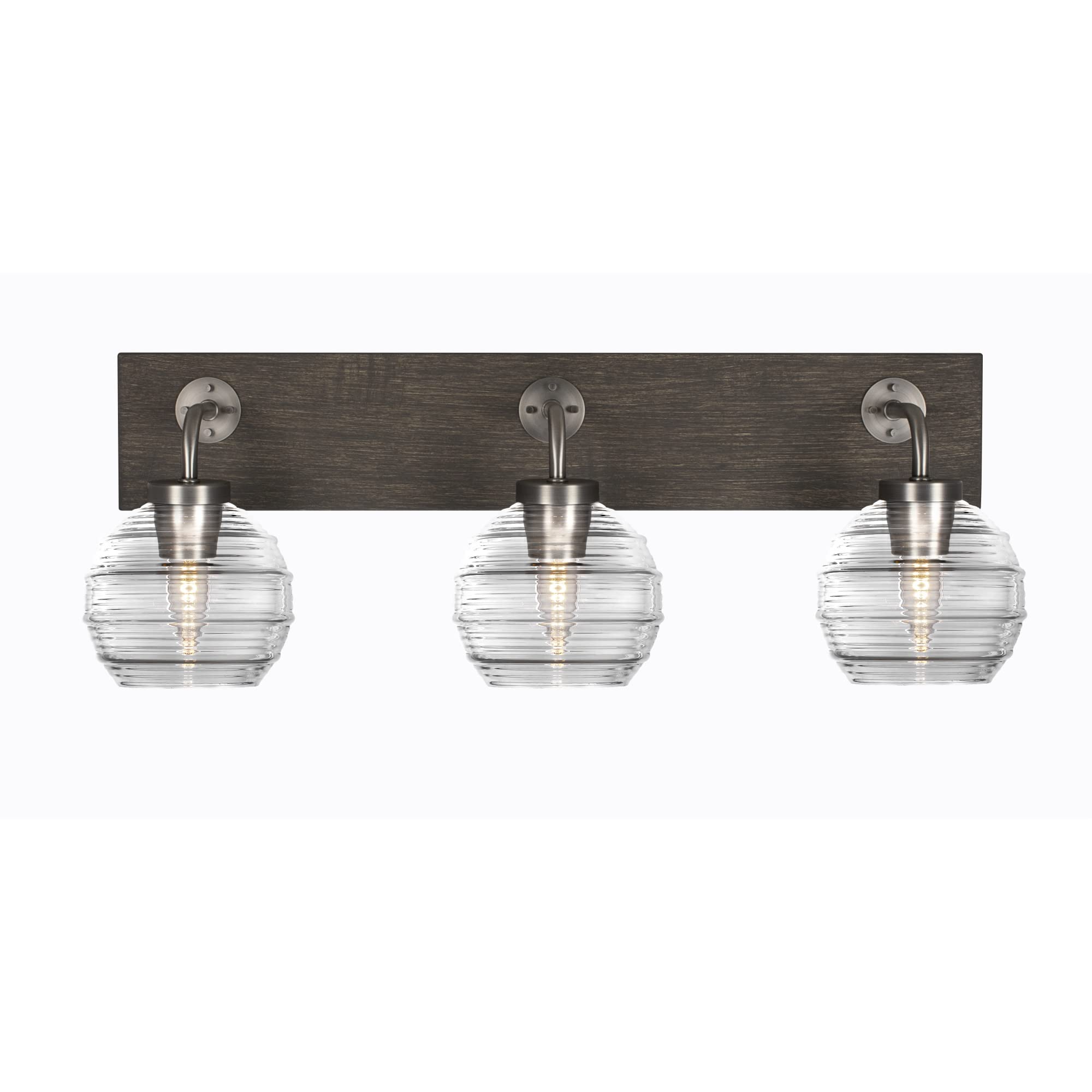 Oxbridge 3 Light Bath Bar In Graphite & Painted Distressed Wood-Look Metal Finish With 6" Clear Ribbed Glass