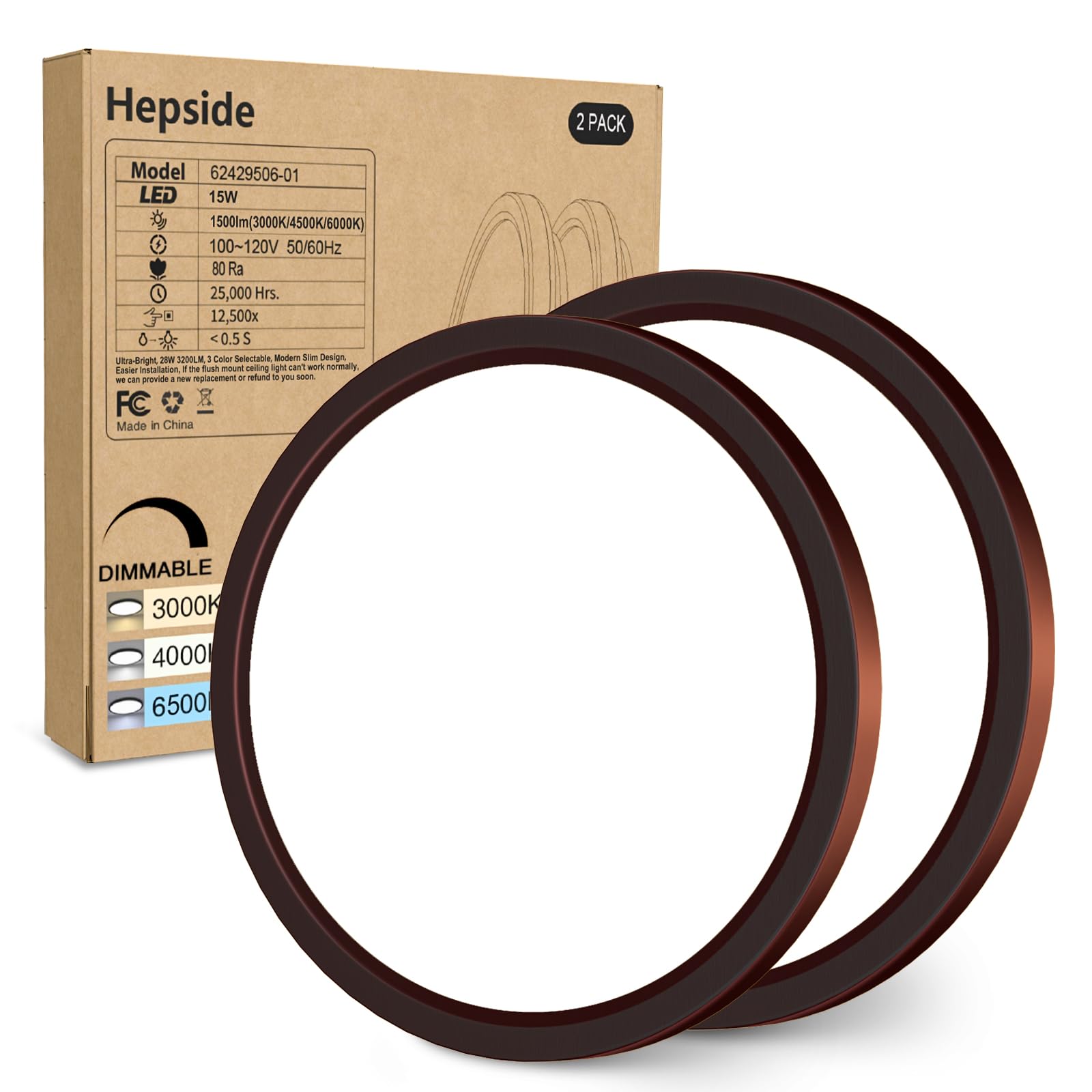 Hepside 2Pack Dimmable Flush Mount Ceiling Light Fixture Oil Rubbed Bronze, 3Cct Selectable 3000/4000/6500K Ceiling Lamp, 7.5Inc