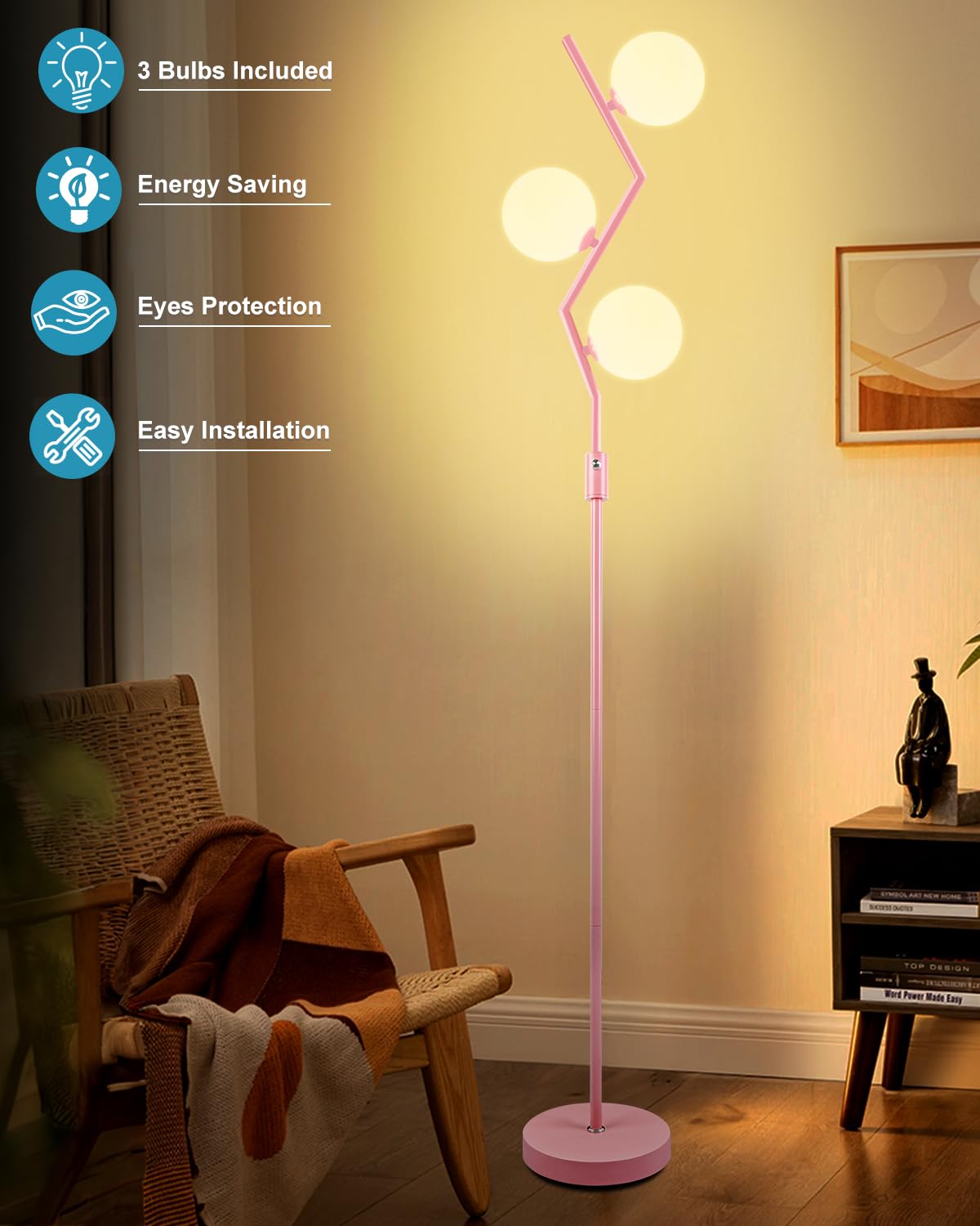 Lightdot Dimmable (Brightness Adjustable) Pink Floor Lamp, Mid Century Standing Lamps With 3 Globe Soft Warm White Eye Care 3000