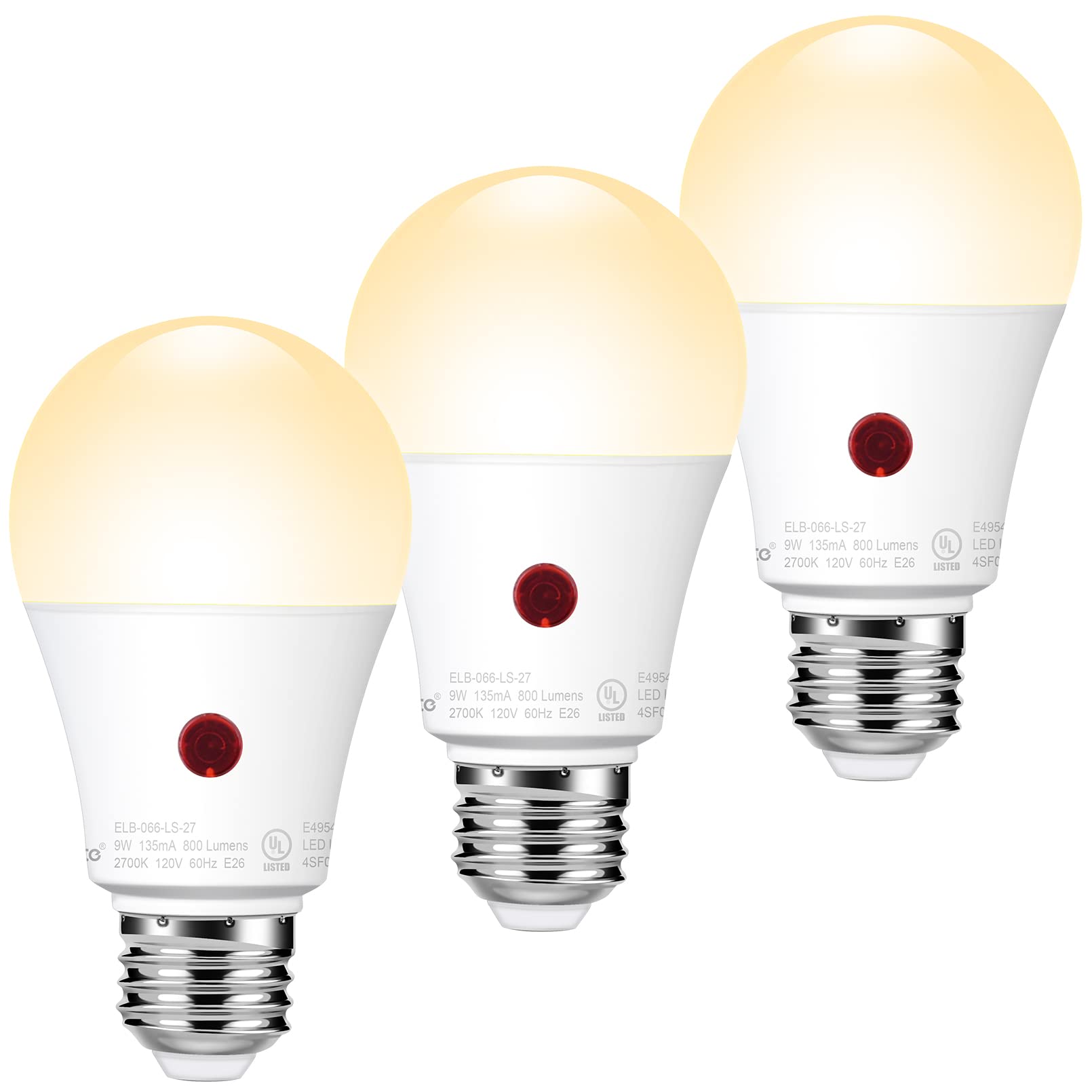 Emotionlite Warm White Led Light Bulbs, Dusk To Dawn, 60W Equivalent, 3 Pack, E26 Base