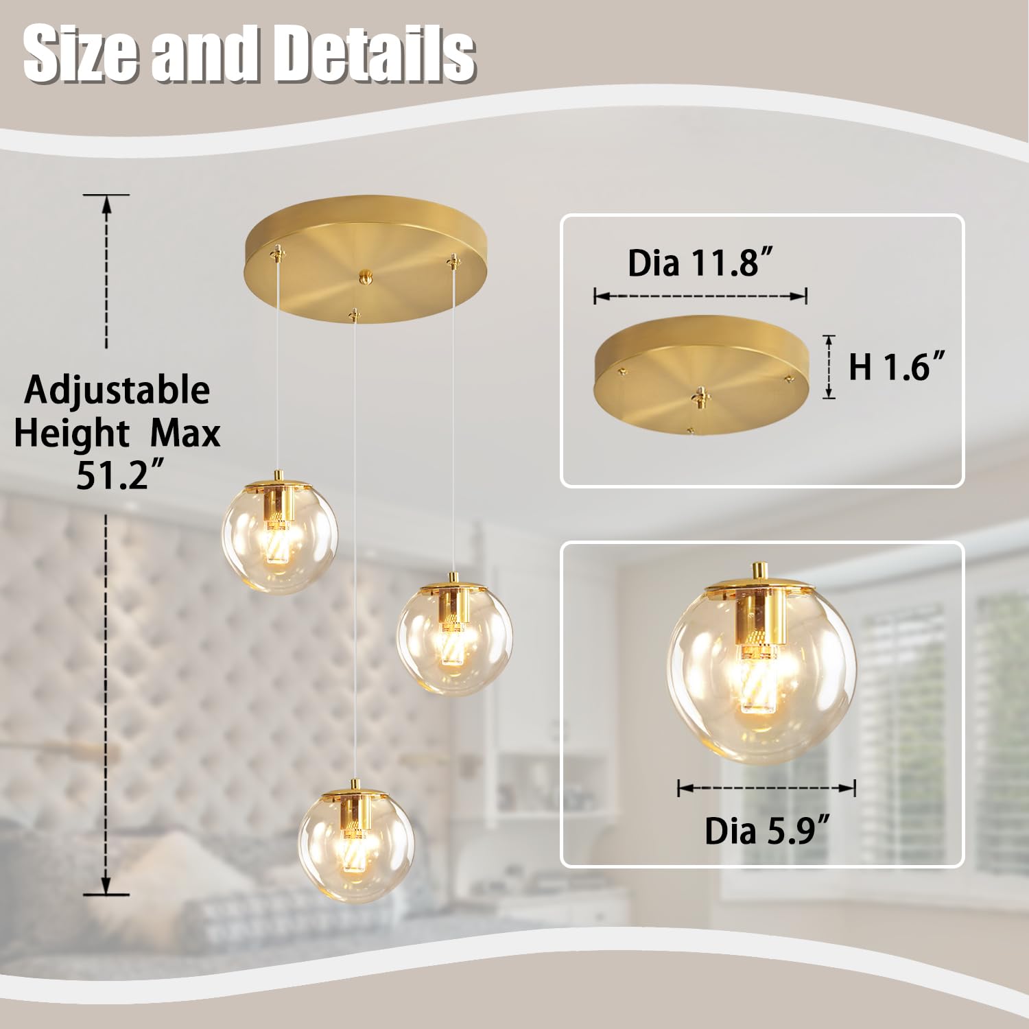 Ykolupty 3-Light Modern Gold Pendant Light Hanging Fixture Light For Kitchen Island Mid Century Globe Pendant Light Glass Chande