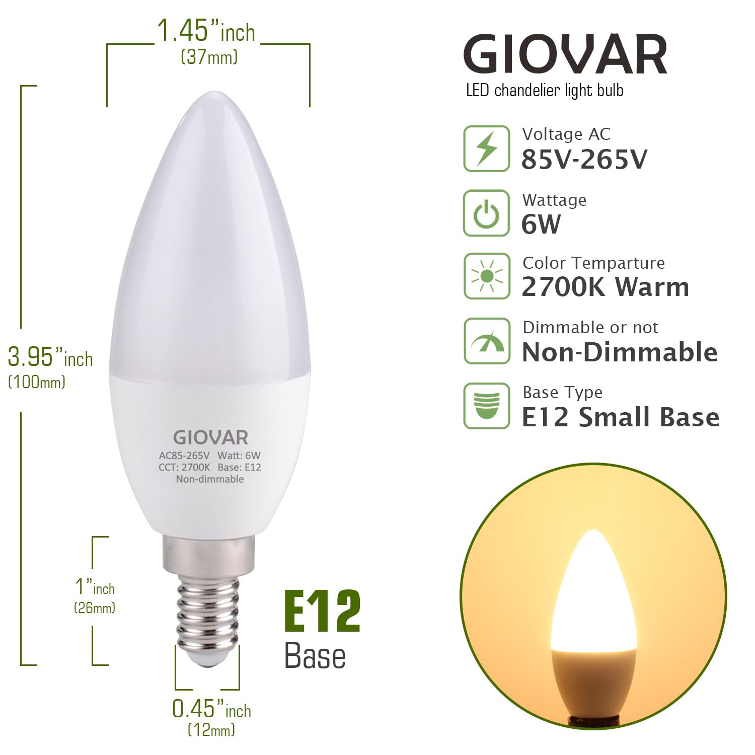 Giovar Candelabra Led Light Bulbs, 60 Watt Equivalent, Sofe White 2700K, Light Bulbs For Chandelier/Wall Sconces Small Base, 120