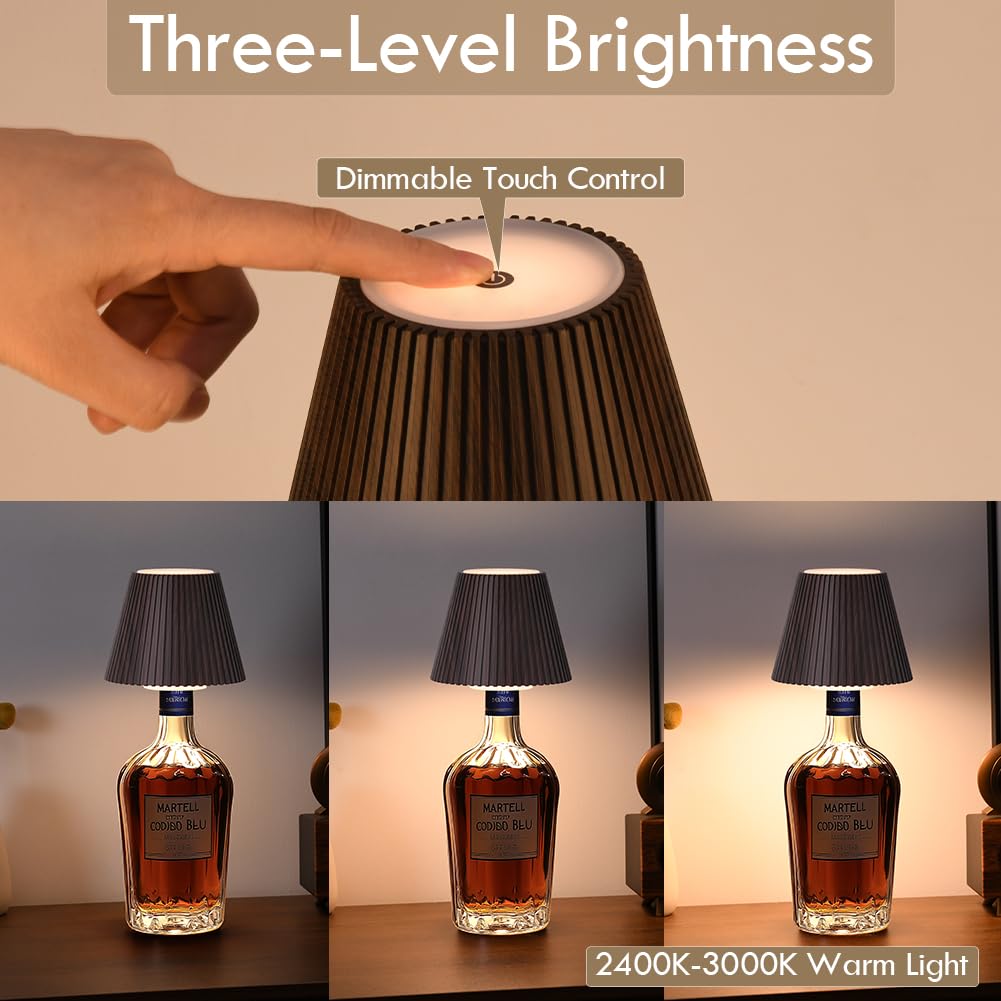 WILIT Wireless Table Lamp - Rechargeable, 3-Level Brightness, Brown Gray Wood Grain - Cordless Night Light for Home and Bar Decor
