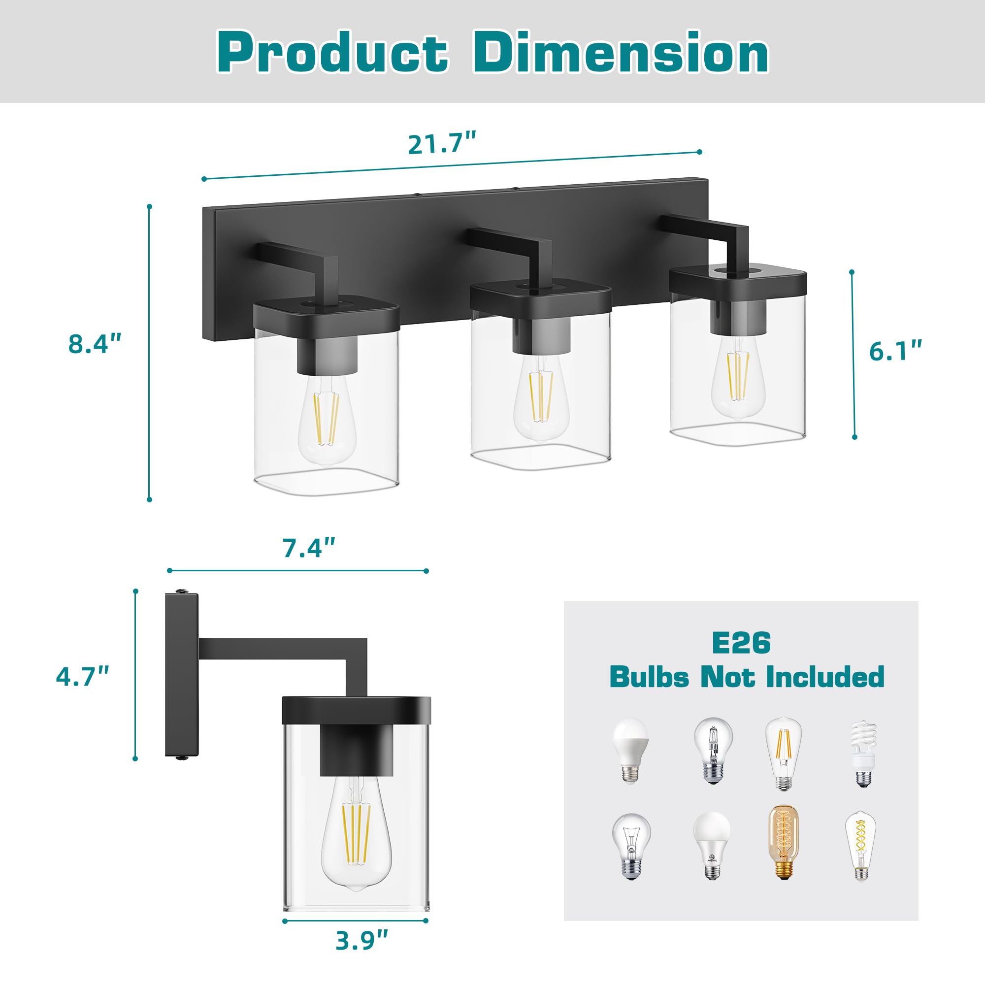 Danshinro Bathroom Lighting Fixtures Over Mirror, Square Design & Rectangle Large Backplate, 3 Lights Morden Vanity Lighting Fix