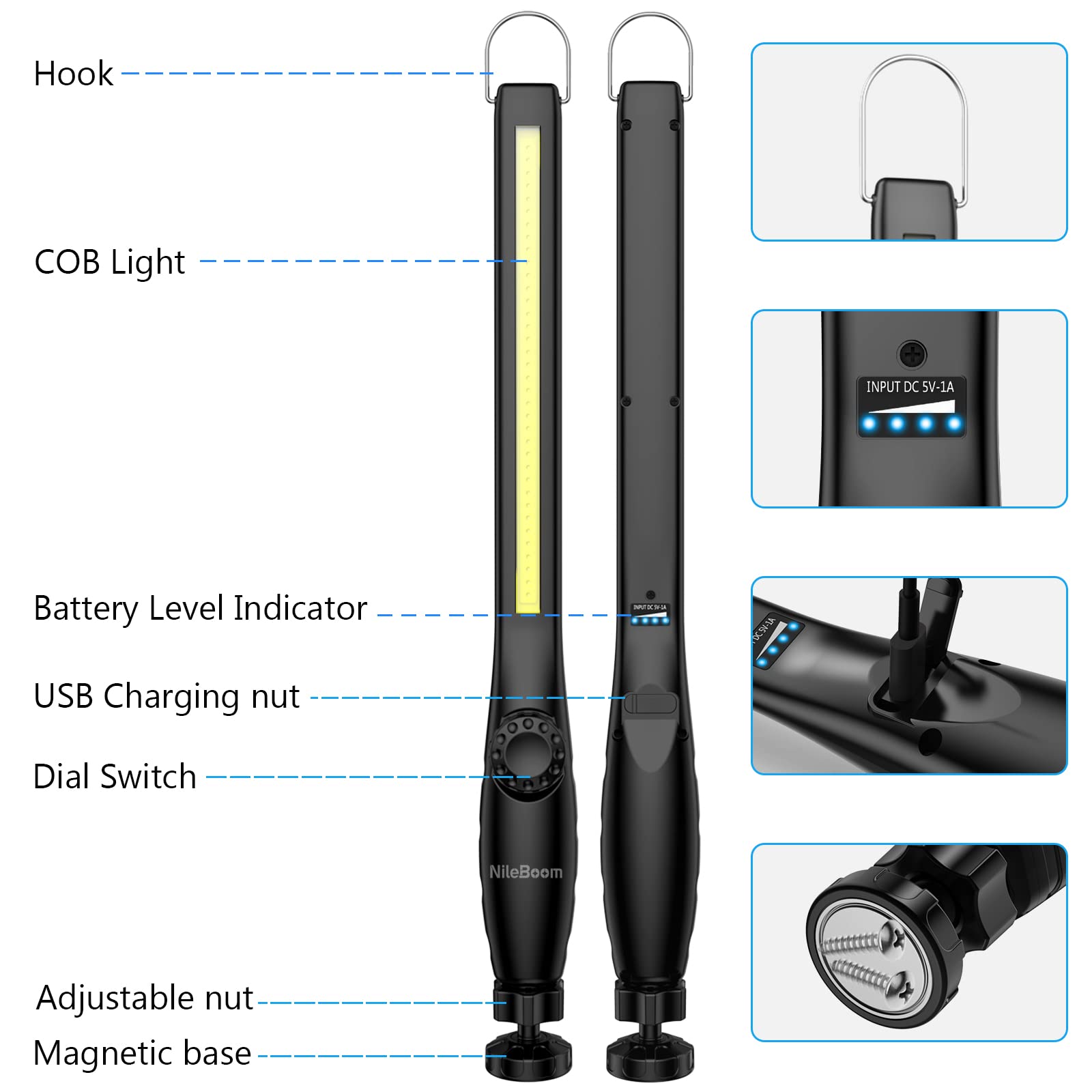 NileBoom LED Work Light - 800 Lumens, Rechargeable, Magnetic Base & Hook, 360? Swivel, Black, 4 Pack