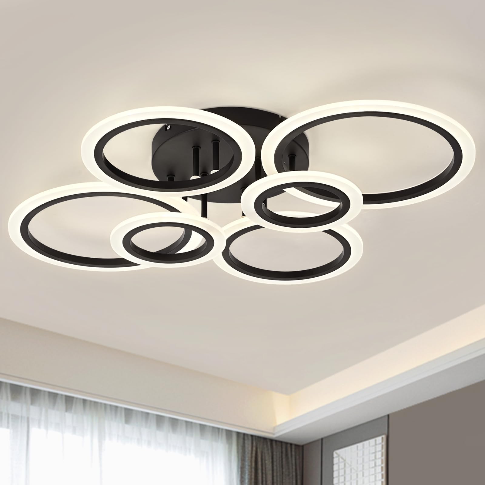 Teminbu Modern Led Ceiling Light, Black 6 Rings Flush Mount Ceiling Light, 4000K Lighting Fixture Ceiling Lamp For Kitchen, Bedroom, Living Room, Laundry Room