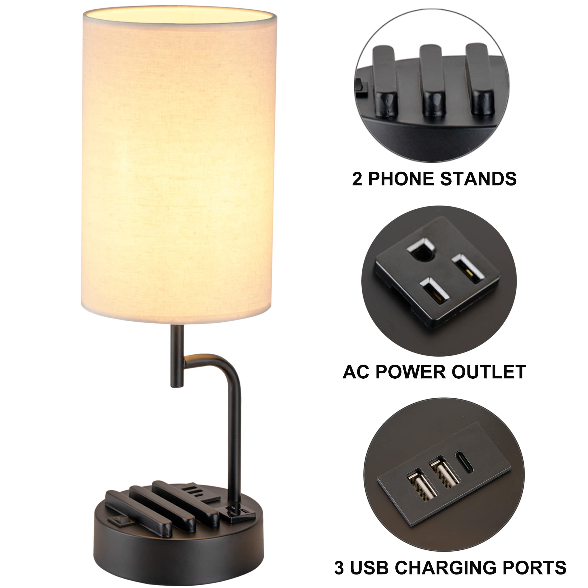 Dreamholder Modern Table Lamp - 3 USB Ports, AC Outlet, Linen Shade, Model DH9099, Pack of 2, Ideal for Bedroom, Living Room, Office