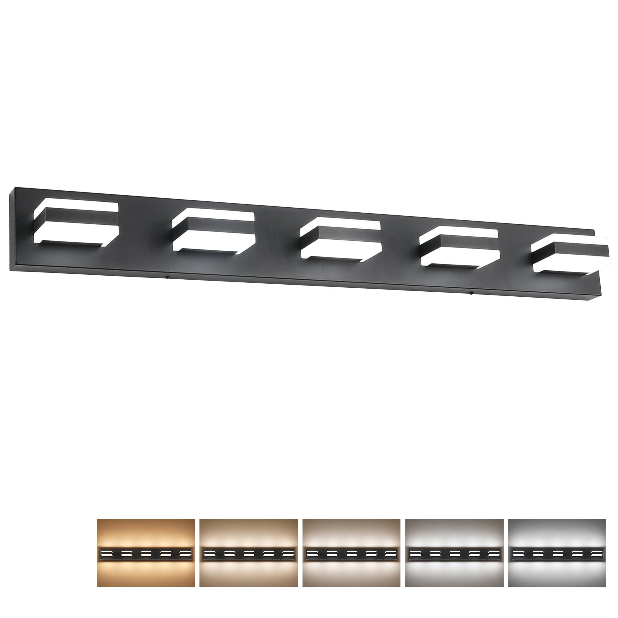 SOLFART 5 Lights Bathroom Light Fixture LED Vanity Light, Adjustable 5CCT, Matt Black, 37.4 inch, Model S8568-5T-6000K-5